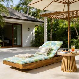 Anysun - Acacia Wood Chaise Lounge with Teak Finish, Outdoor Recliner with 2-Fold Water-Repellent Cushion - Green Leaf
