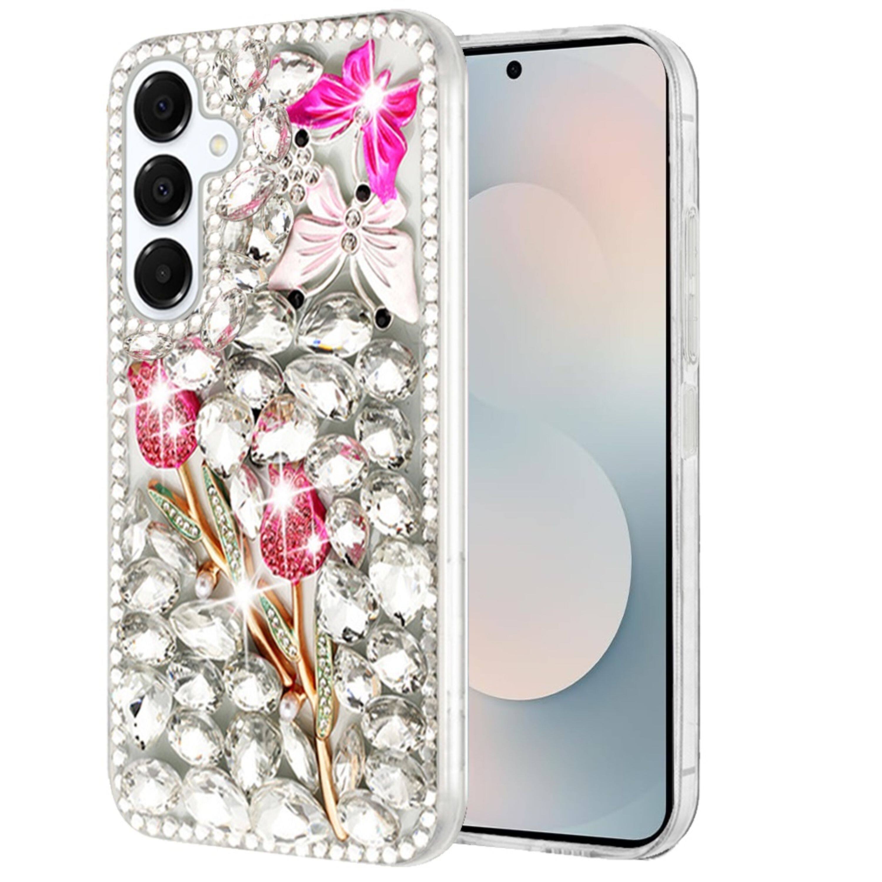 Left. Kitcheniva - Full Diamond Bling 3D Jewel Ornaments Plus Tempered Glass For Samsung S25 FE Crystal Exquisite Garden - Multicolor.