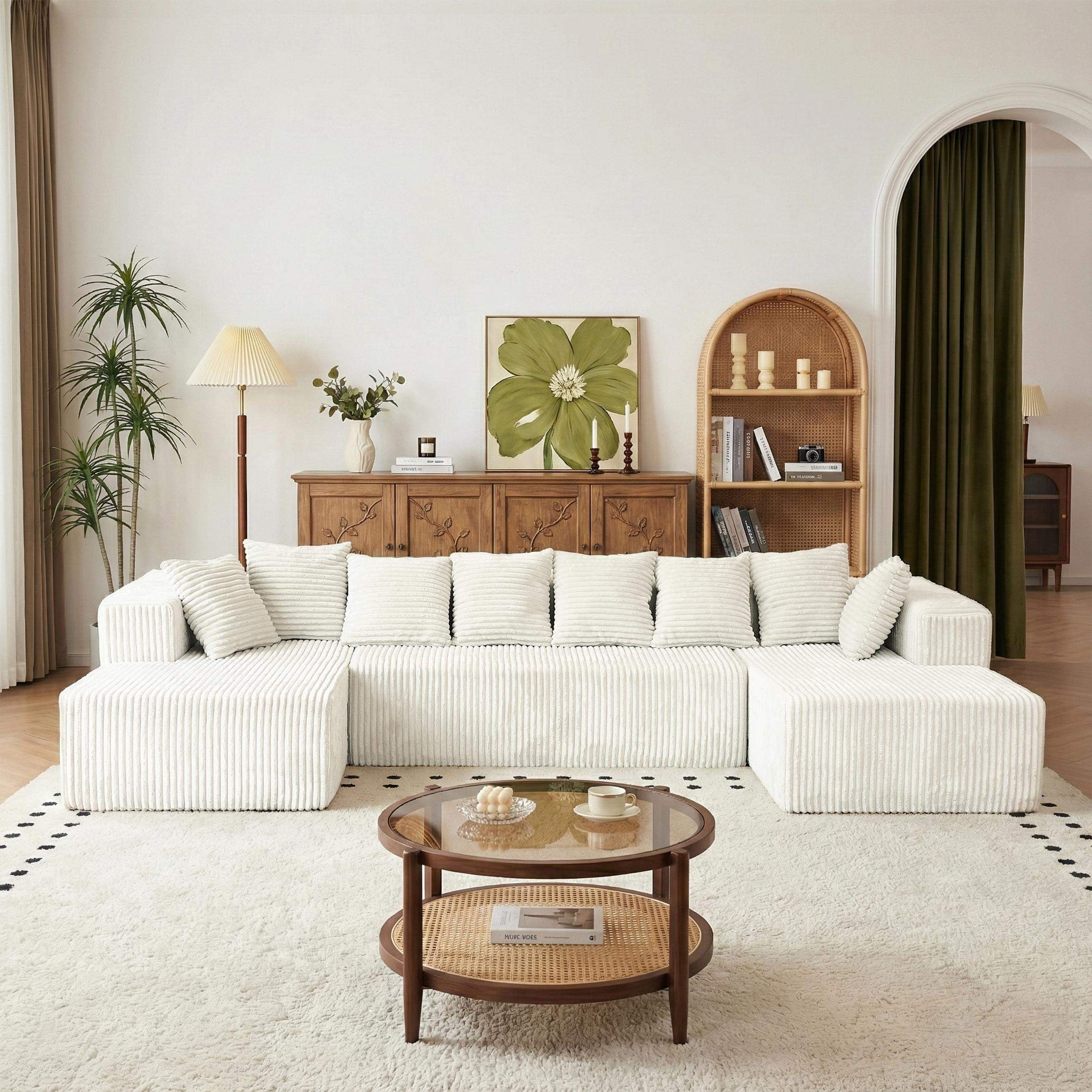 Alt View 1. Roomtec - 130 inch Boneless Couch Cloud Couch Sectional Corduroy Sofa for Living Room U Shaped Modular Sofa with Chaise No - Beige.