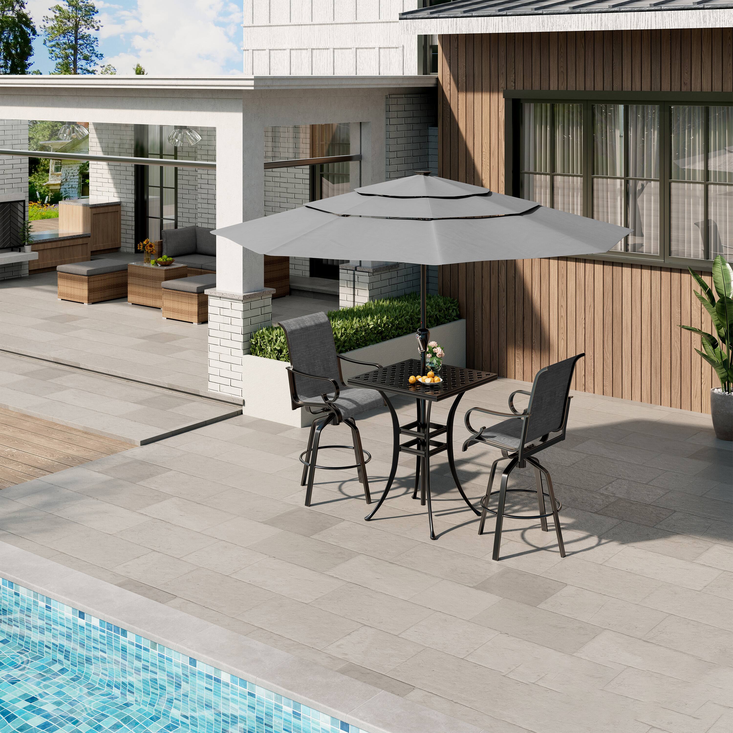 Angle. Mondawe - 3-Piece Outdoor Dining Set with Swivel Chairs - Black+Grey.