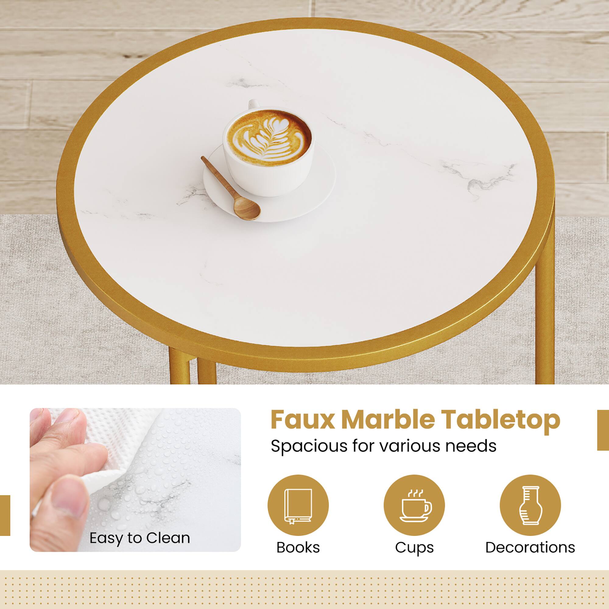 Faux Marble Tabletop  
Spacious for various needs  

Easy to Clean  
Books  
Cups  
Decorations
