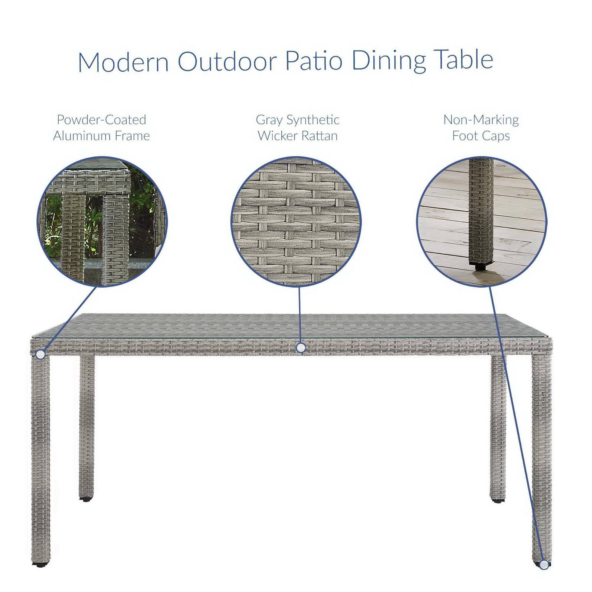 Modern Outdoor Patio Dining Table

- Powder-Coated Aluminum Frame
- Gray Synthetic Wicker Rattan
- Non-Marking Foot Caps