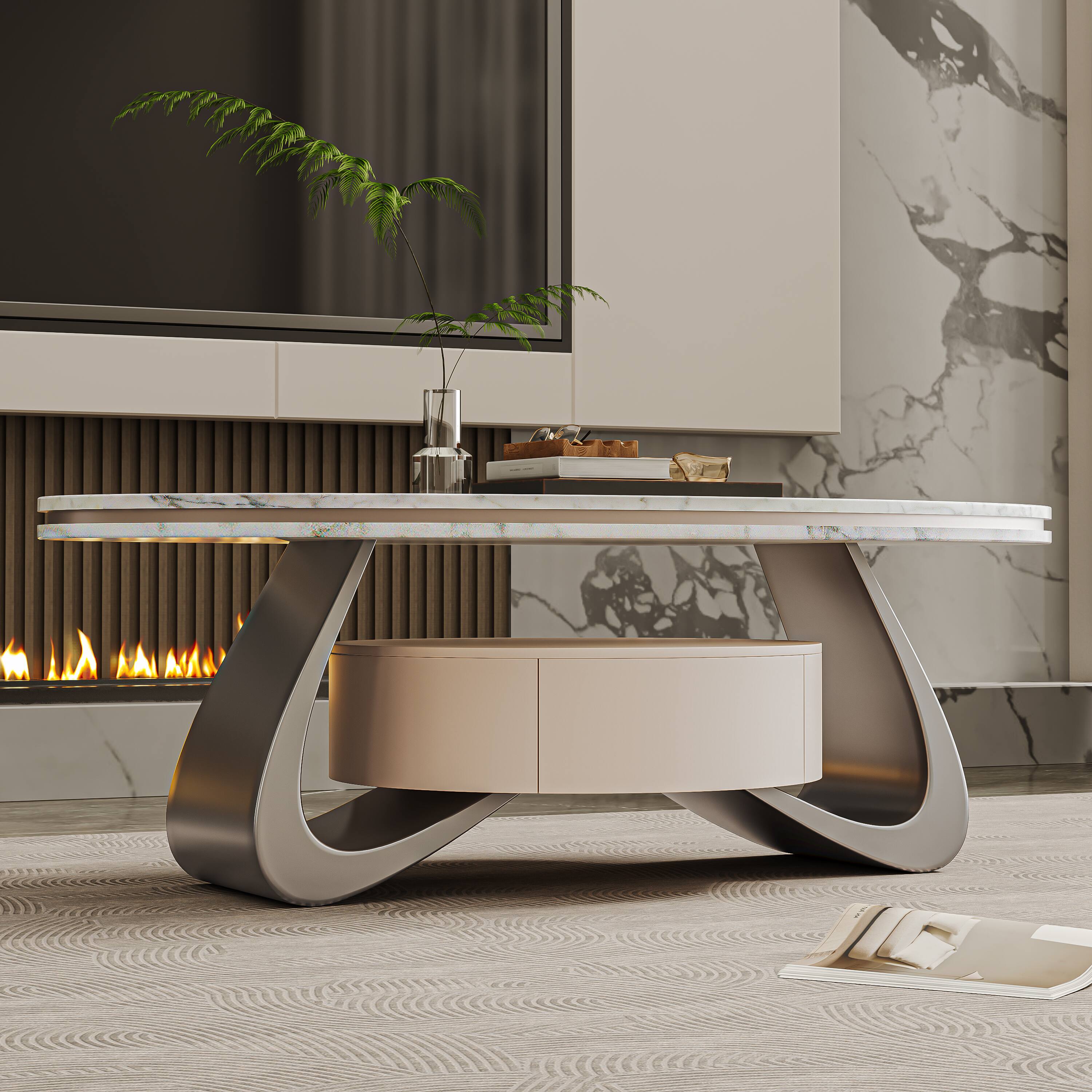 Alt View 2. MSOOB - 47.2'' Modern Sintered Stone Coffee Table With Oval Luxury Top, Stainless Steel Base And Storage Drawer For Living Room - White.