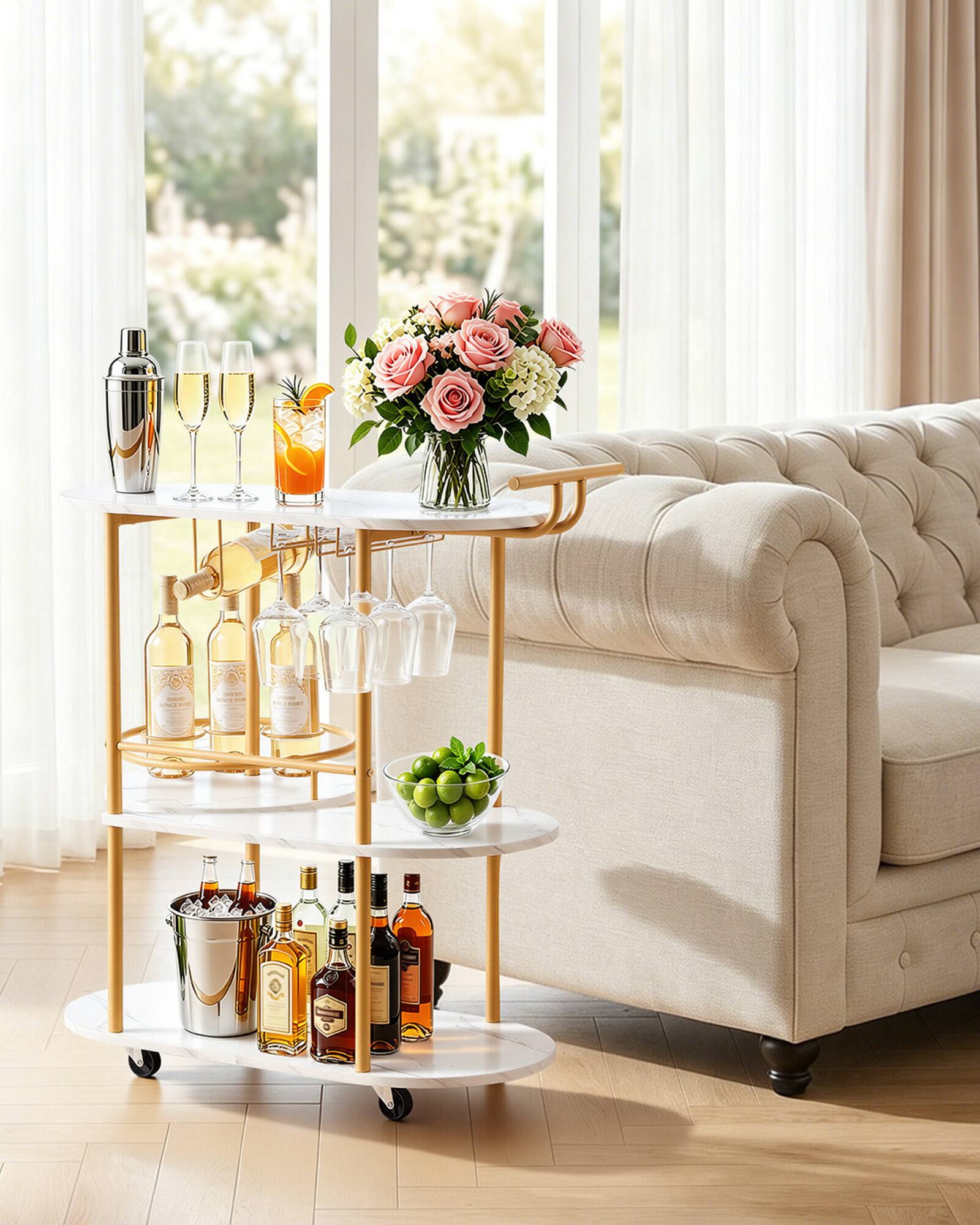 Alt View 3. VEVOR - Bar Cart, 3 Tiers Home Kitchen Serving Carts, Modern Round Rolling Utility Station on Wheels, Mobile Drink Beverage - Gold + Marble White.