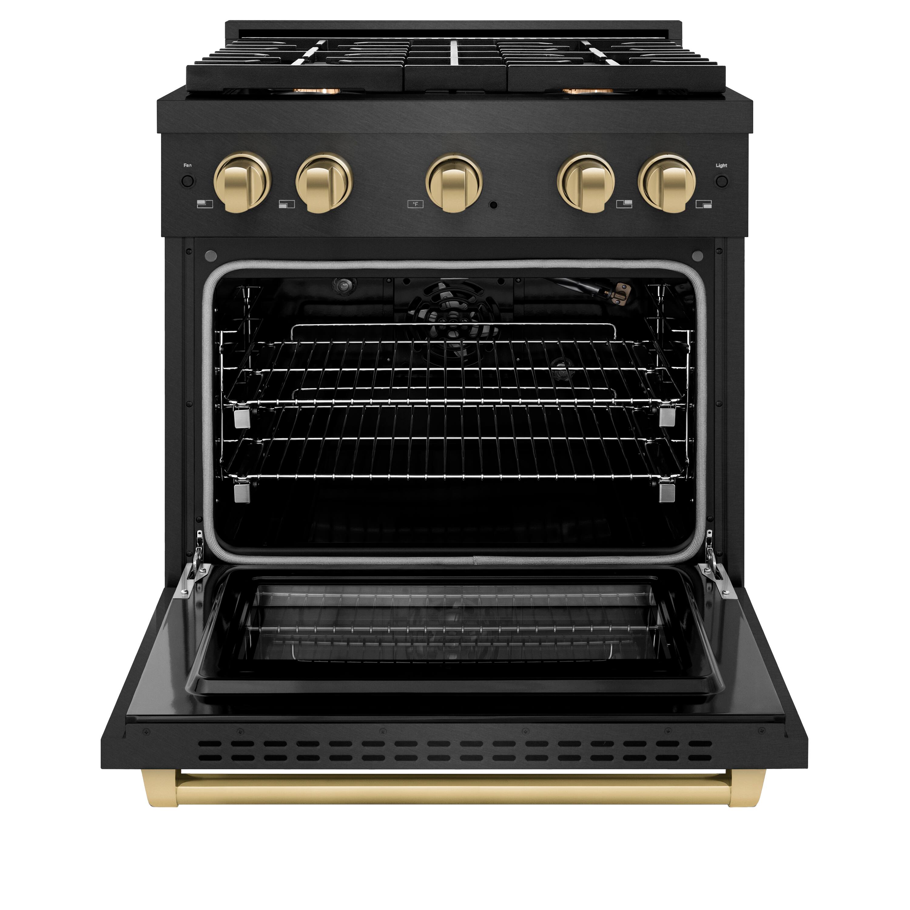 Angle. ZLINE - ZLINE Autograph 30 in. 4.2 cu. ft. Manual Clean Freestanding Gas Range in Black Satin Stainless Steel and Bronze Accents - Black Satin Stainless Steel.