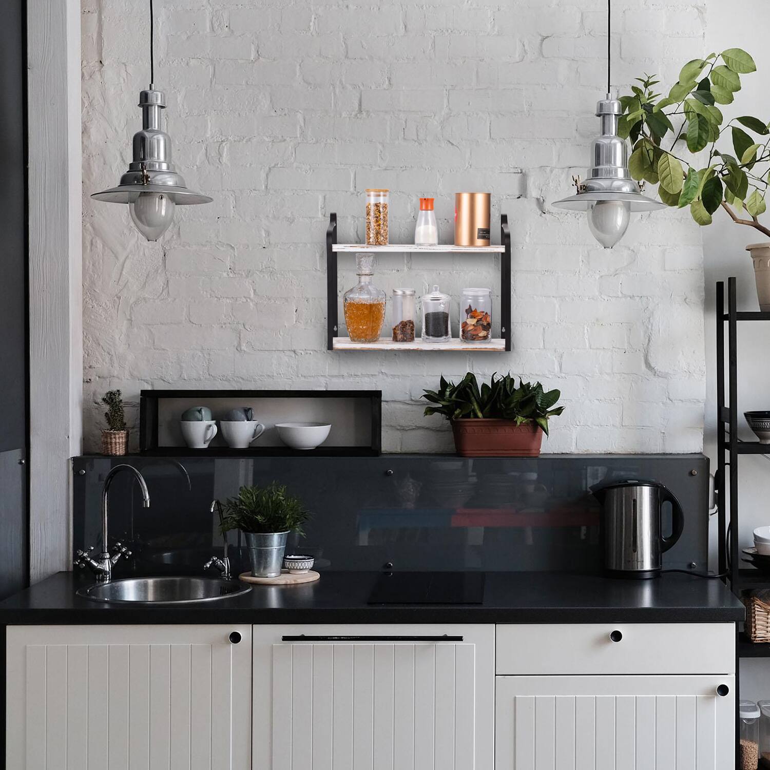 Oumilen 2 Tier Wall Mounted Floating Shelves – Wood with Black Metal ...
