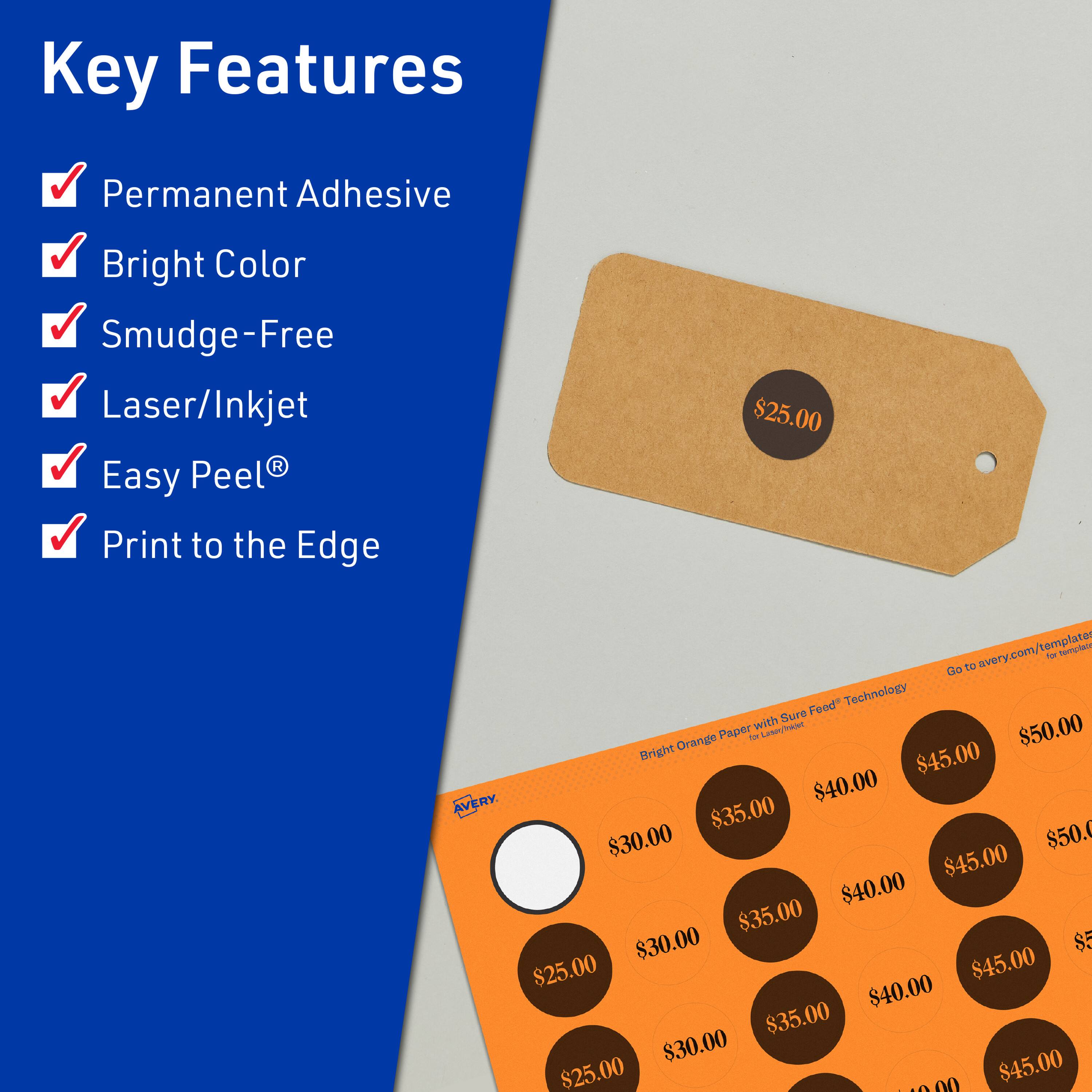 Key Features  
- Permanent Adhesive  
- Bright Color  
- Smudge-Free  
- Laser/Inkjet  
- Easy Peel®  
- Print to the Edge  

Bright Orange Paper with Sure Feed™ Technology  

$25.00  
$30.00  
$35.00  
$40.00  
$45.00  
$50.00  

Go to avery.com/templates for templates.