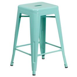 Emma + Oliver - Commercial Grade 24"H Backless Metal Indoor-Outdoor Counter Stool w/ Square Seat - Mint Green