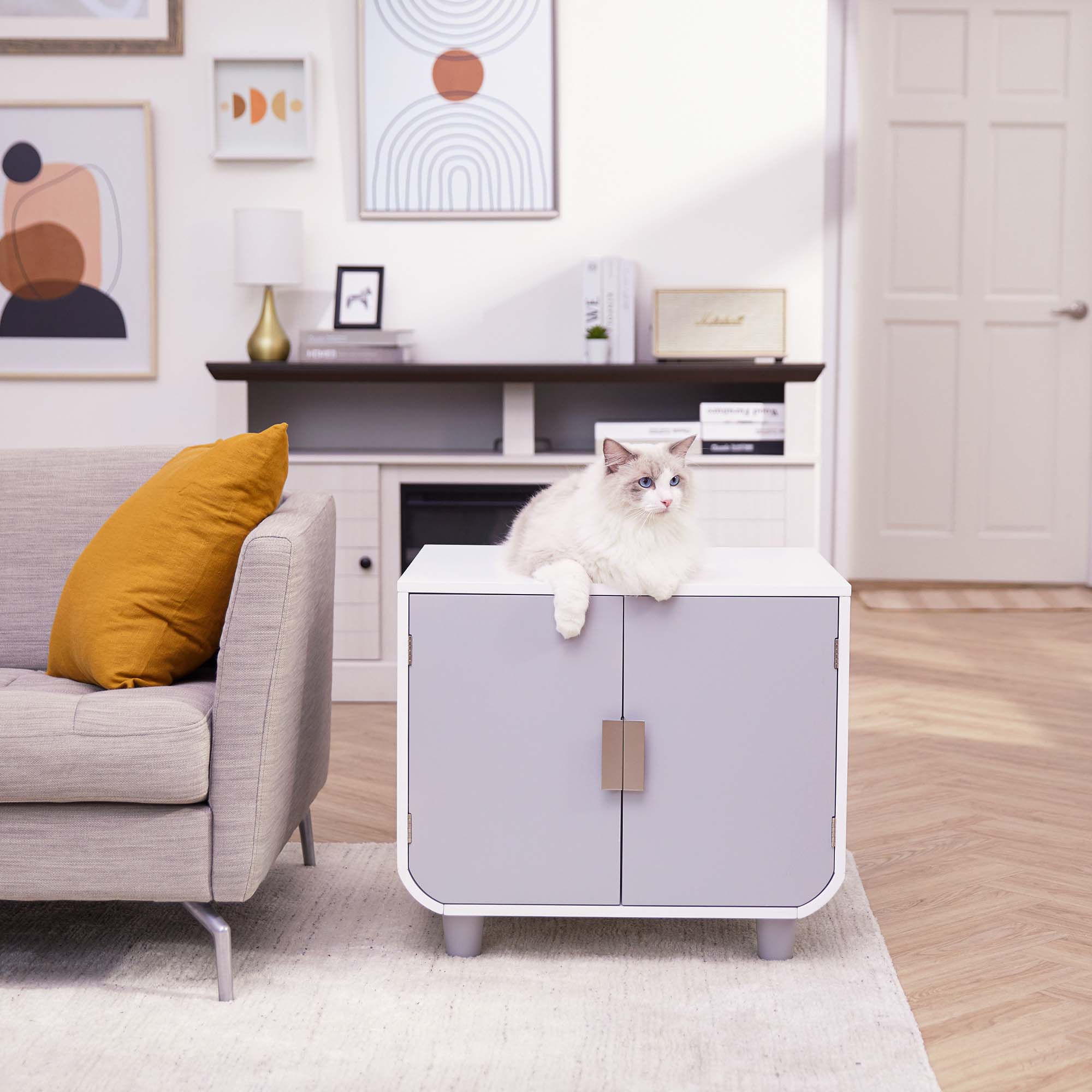 Front. Teamson - Teamson Pets 22.01" Dyad Cat Litter Box Enclosure and Side Table, Alpine White - Gray.