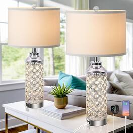 Nordic Hygge - Table Lamps Set of 2 with LED Night Light, Nightstand Lamps with USB A+C Charging Ports, 24 inch Silver Crystal - White