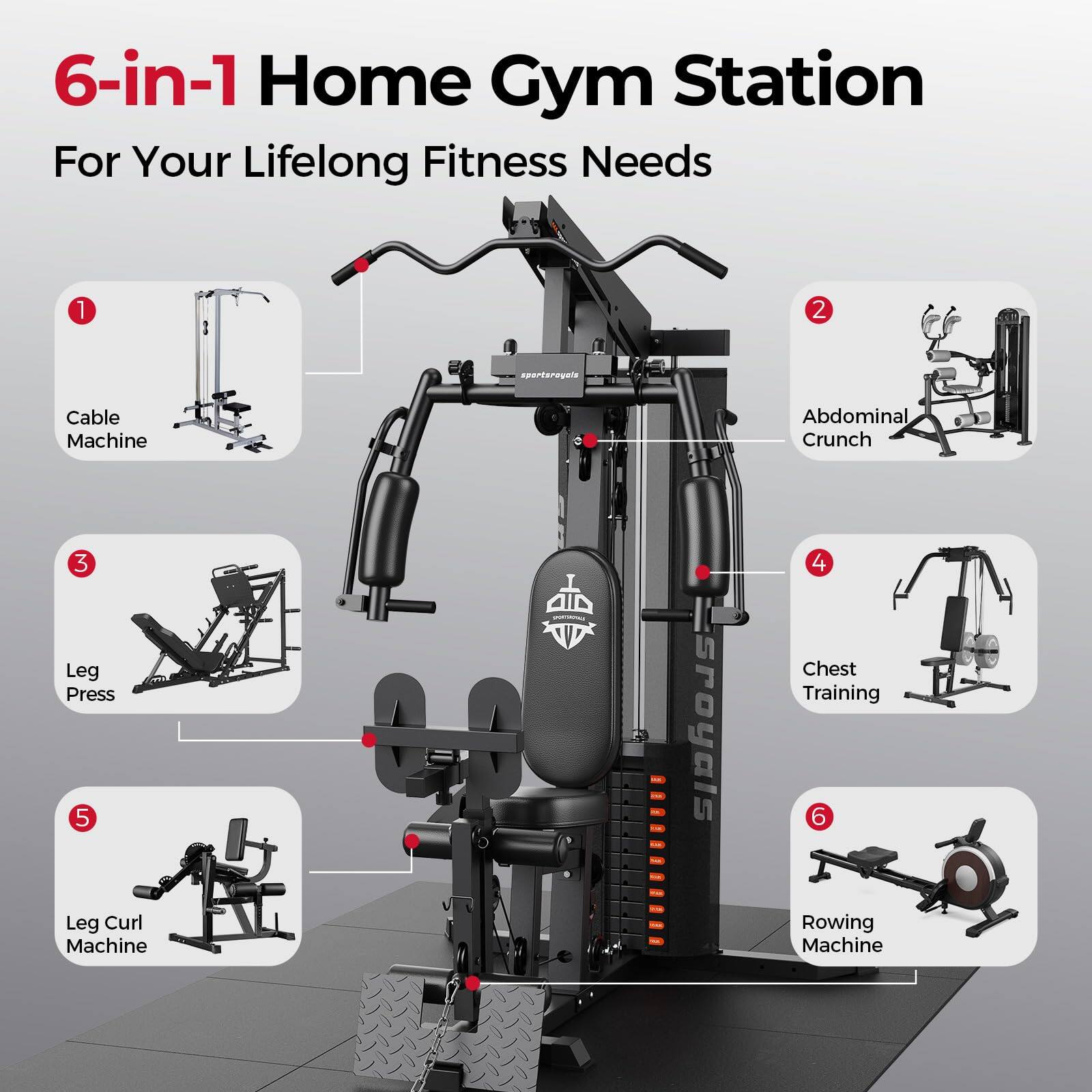 6-in-1 Home Gym Station For Your Lifelong Fitness Needs

1. Cable Machine
2. Abdominal Crunch
3. Leg Press
4. Chest Training
5. Leg Curl Machine
6. Rowing Machine