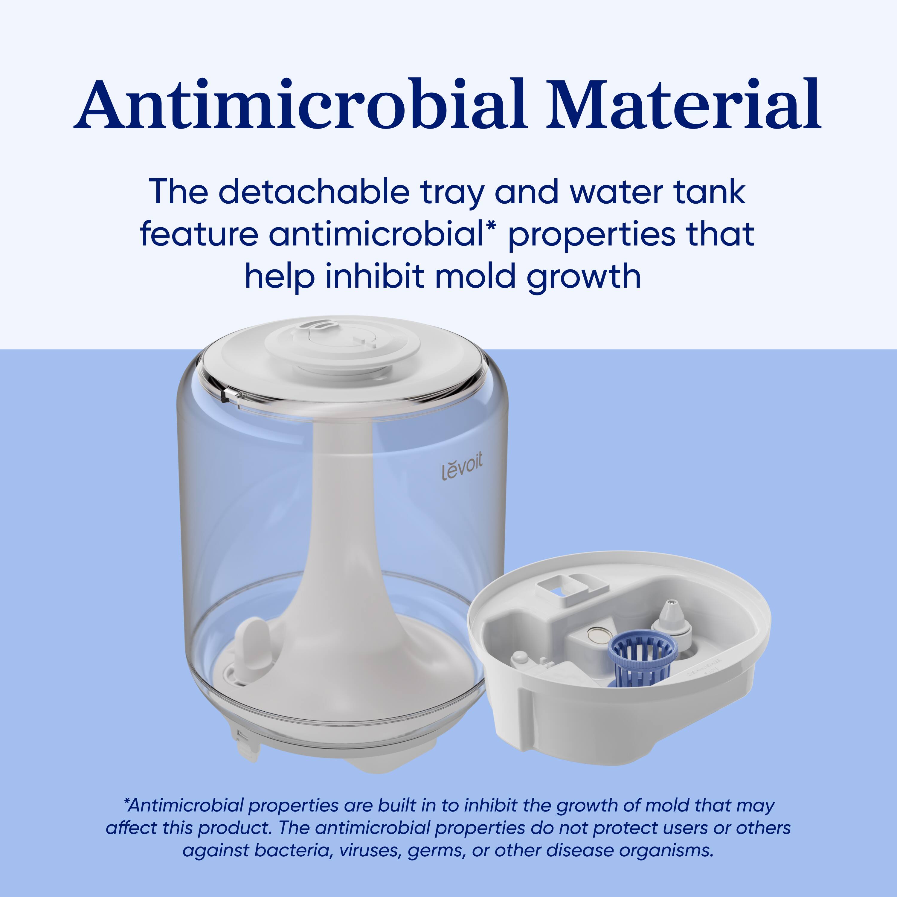 Antimicrobial Material

The detachable tray and water tank feature antimicrobial* properties that help inhibit mold growth

*Antimicrobial properties are built in to inhibit the growth of mold that may affect this product. The antimicrobial properties do not protect users or others against bacteria, viruses, germs, or other disease organisms.