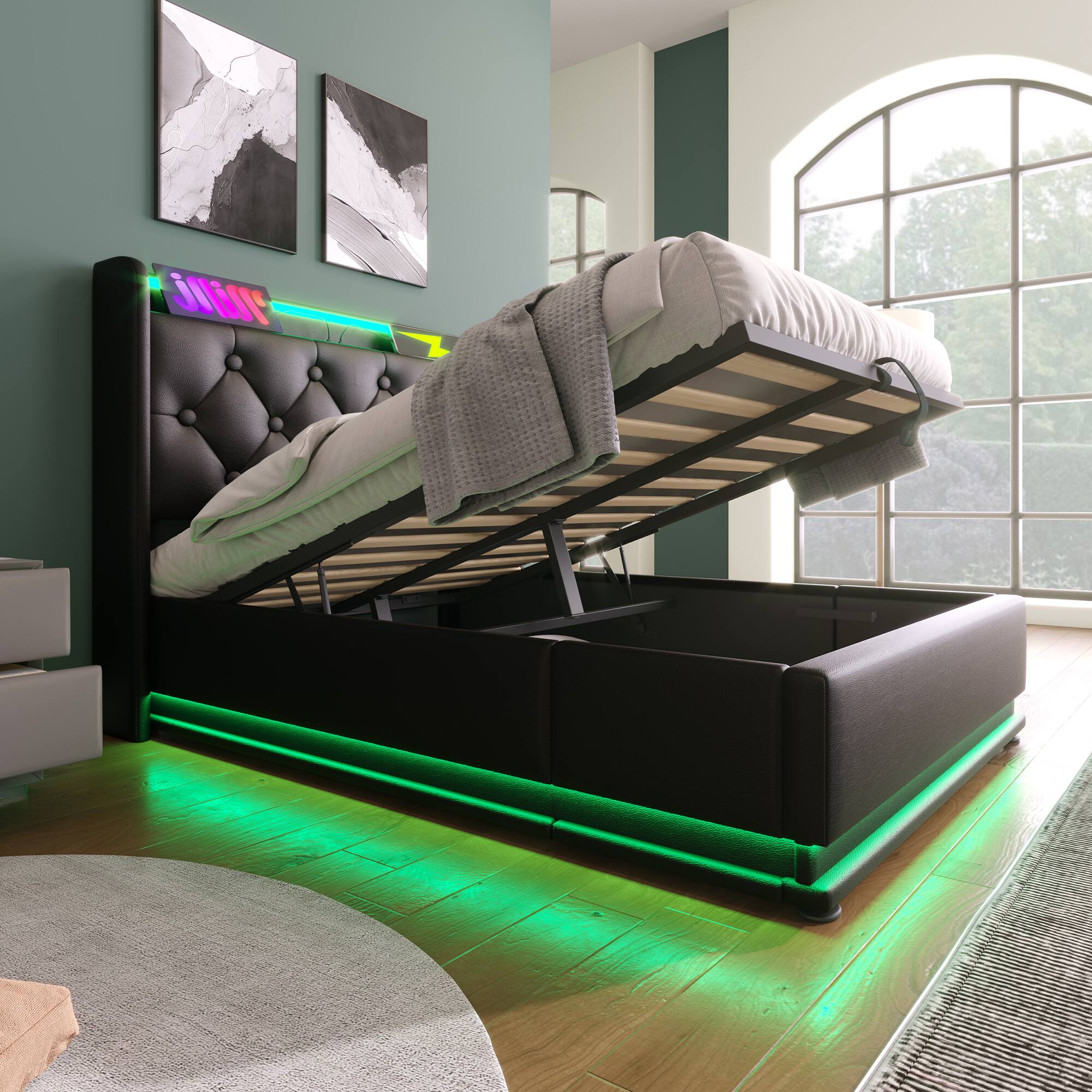 Alt View 1. Anysun - Twin Upholstered Hydraulic Bed - 360 Surround LED, App/Remote Control, USB-C Charging, PU. - Black.