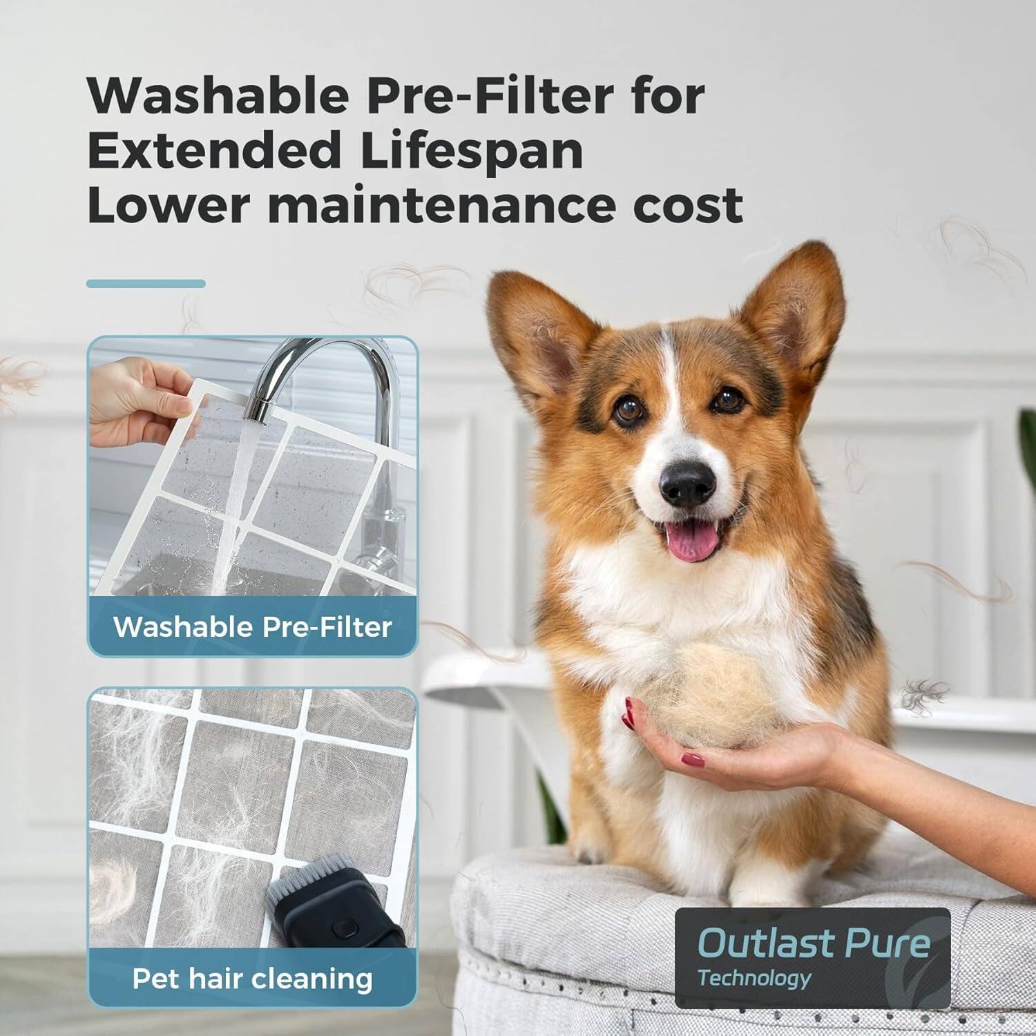 Washable Pre-Filter for Extended Lifespan  
Lower maintenance cost  

Washable Pre-Filter  
Pet hair cleaning  

Outlast Pure Technology