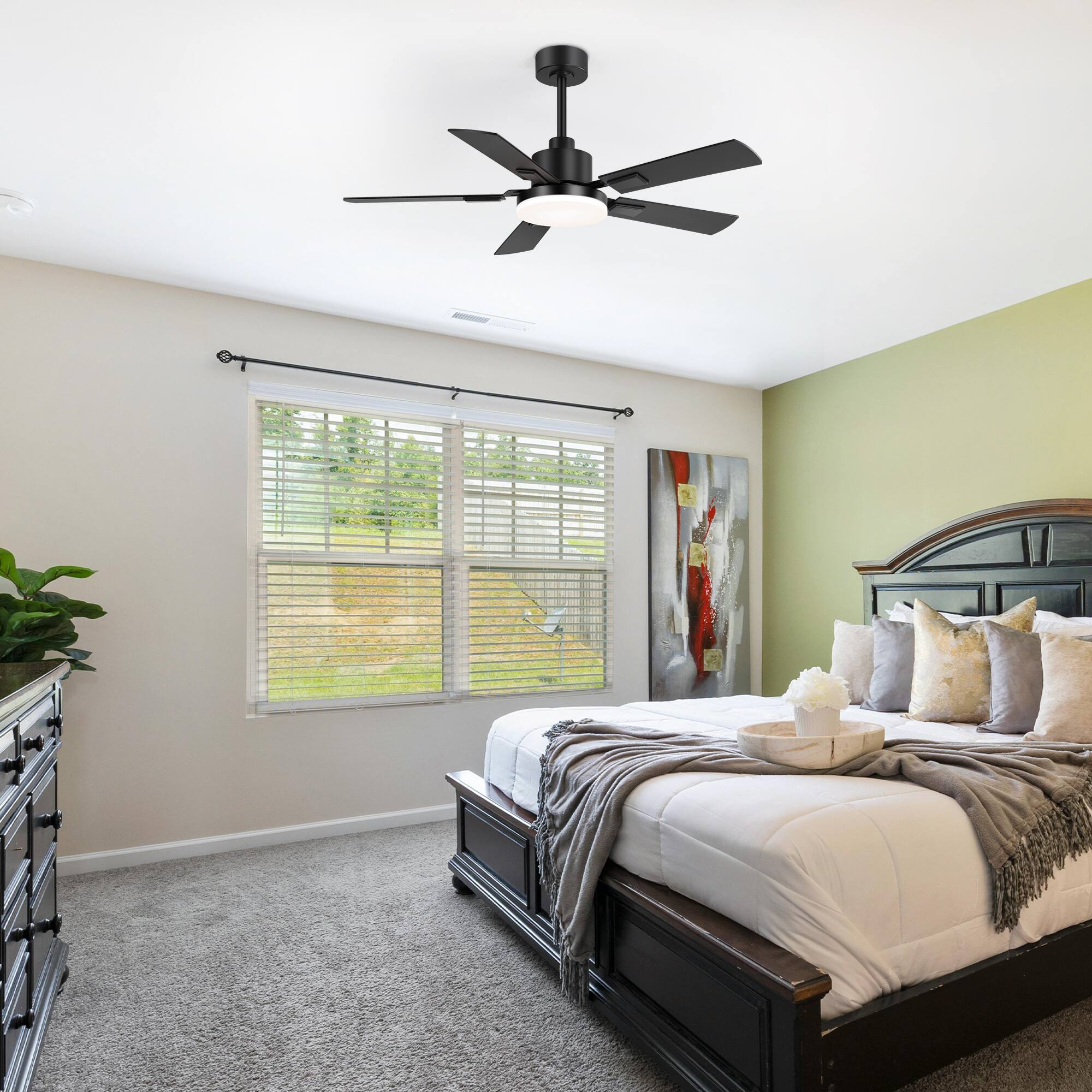 Alt View 1. Breezary - 48" Modern Indoor Ceiling Fan with 3-Color Light, Remote Control, 6 Speeds,  5''&10'' Downrods, DC Motor, Timer - Matte Black and Dark Wood Grain.