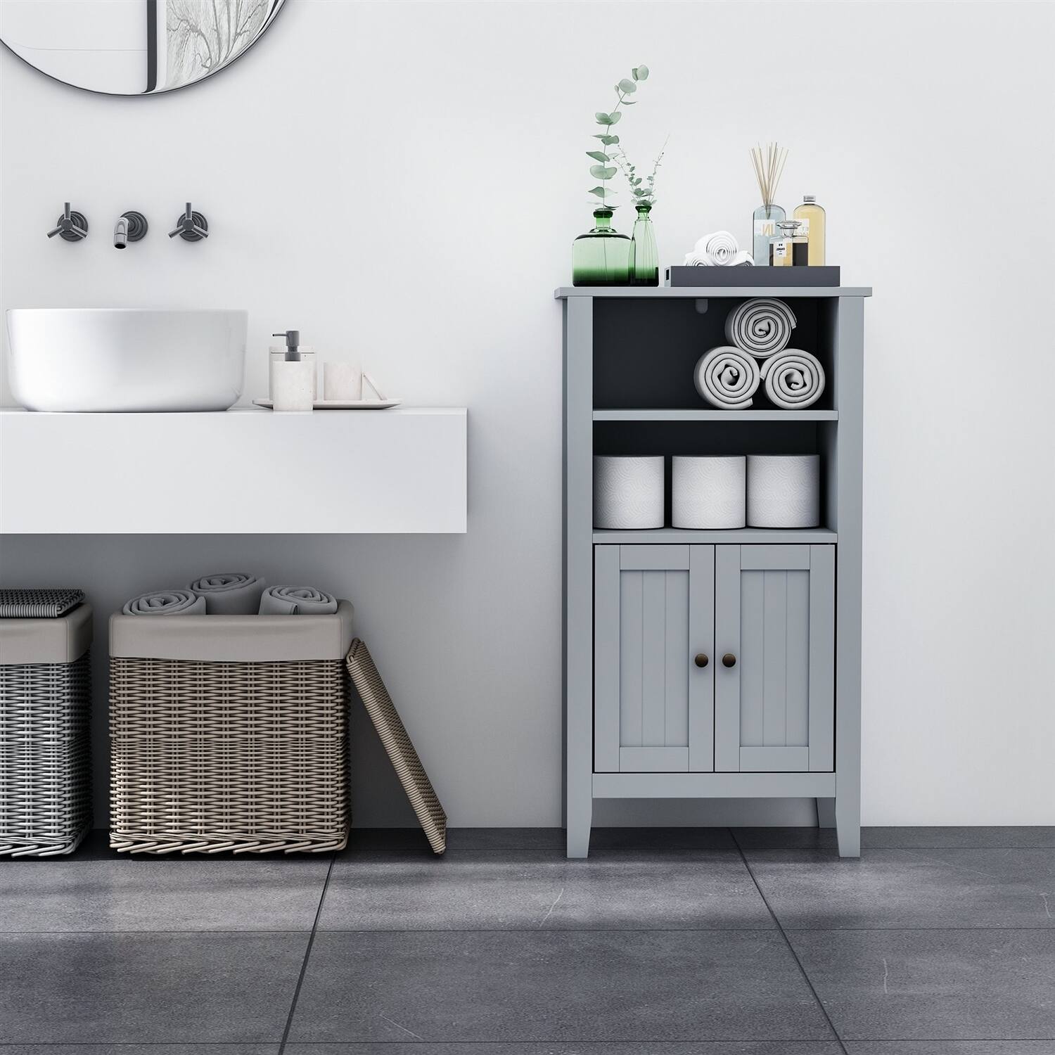 Angle. Hivvago - Gray 2 Tier Shelf Hidden Storage Bathroom Floor Cabinet - Gray.