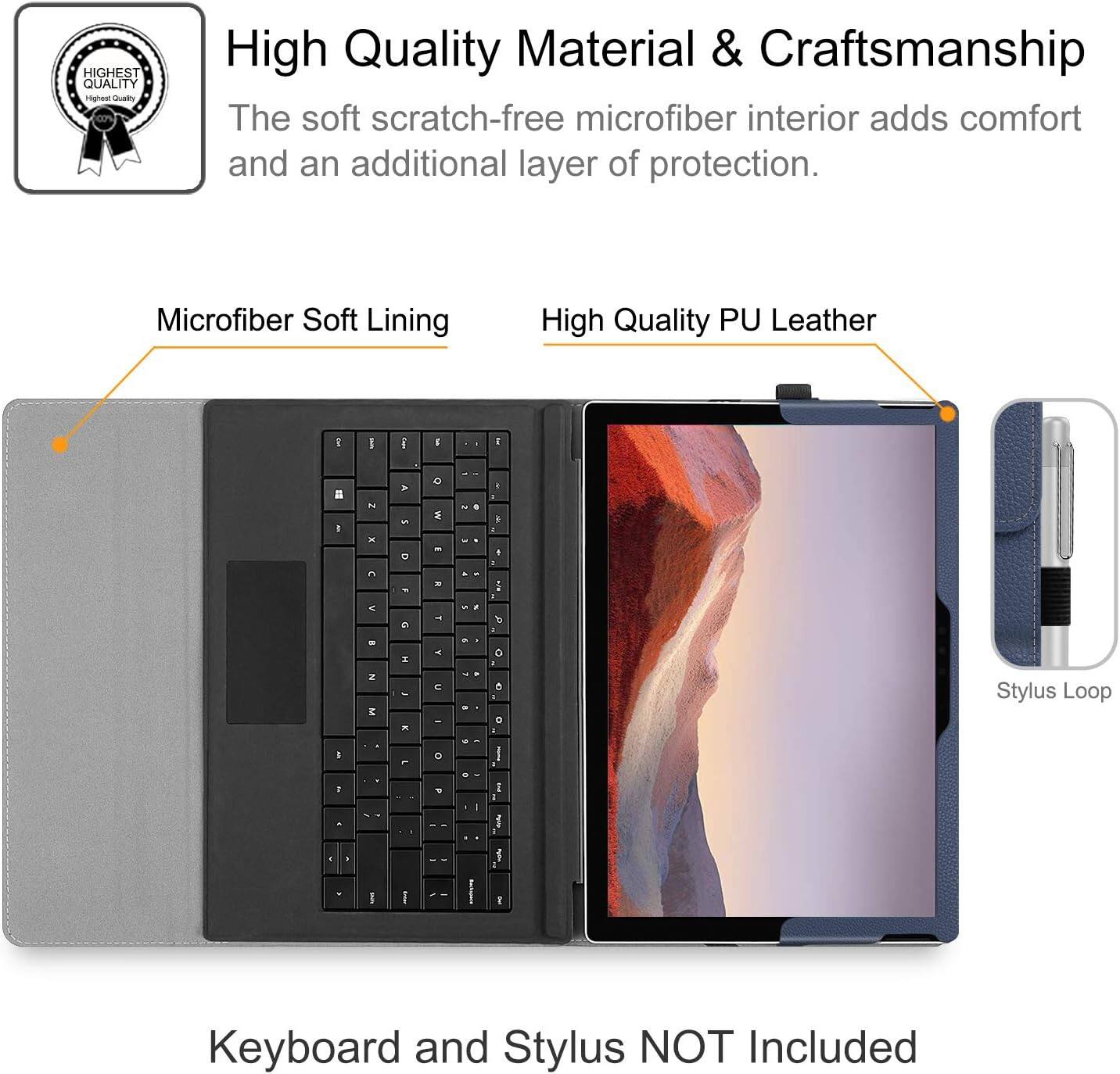 HIGHEST QUALITY

High Quality Material & Craftsmanship
The soft scratch-free microfiber interior adds comfort and an additional layer of protection.

Microfiber Soft Lining
High Quality PU Leather

Stylus Loop

Keyboard and Stylus NOT Included