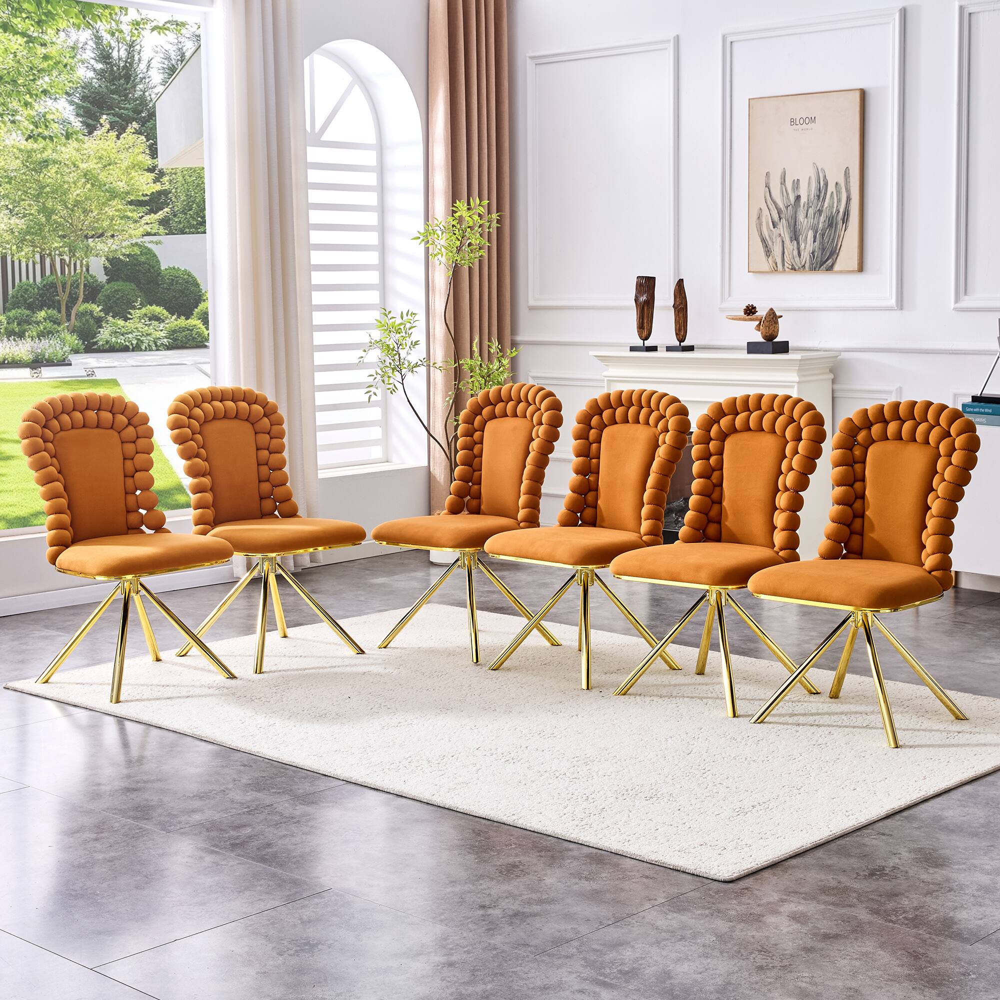 Alt View 1. Loheer - Loheer Velvet Dining Chairs Set of 2, Orange Bubble Back Accent Dining Chairs with Gold Legs, 1.71 ft - Gold,Orange.