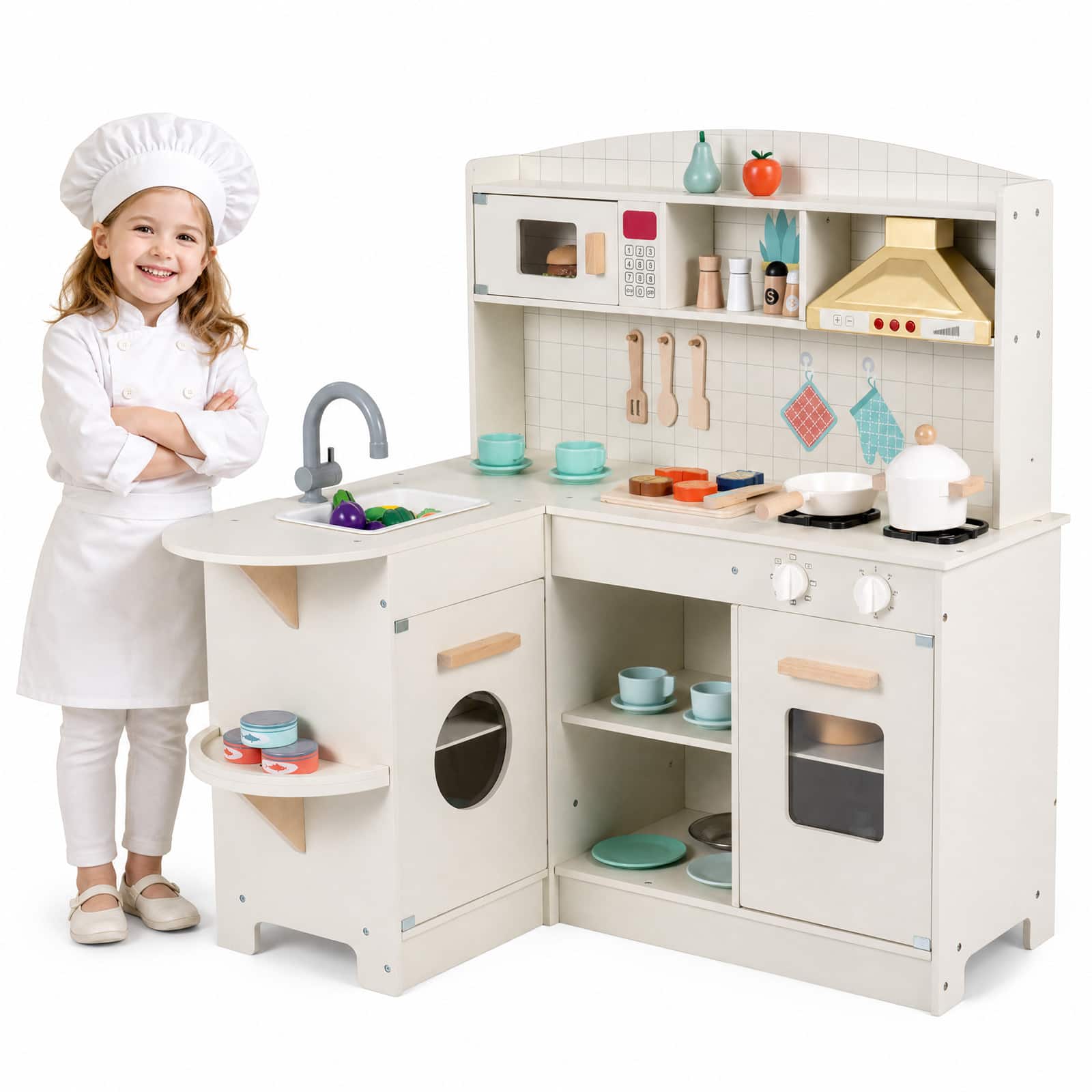 Gymax - Wooden Play Kitchen for Kids w/Lights Sounds Stove Microwave Sink Accessories - White