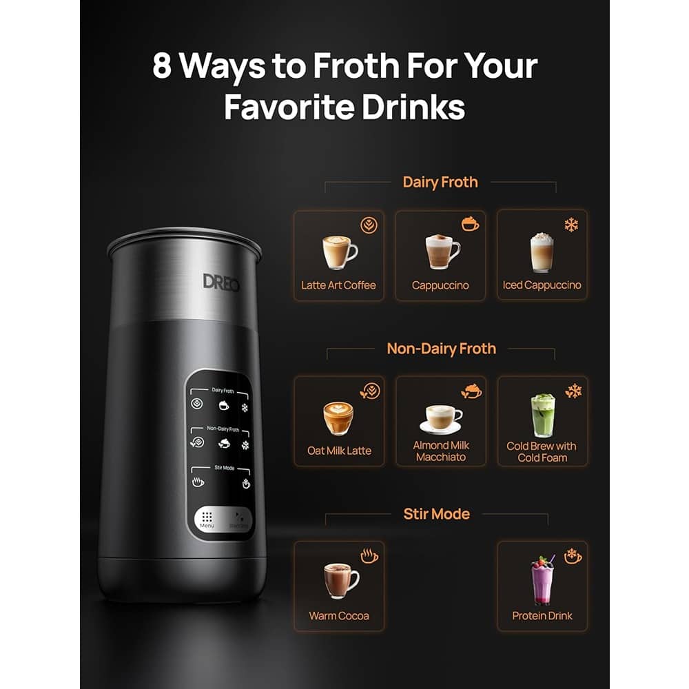 ACJPR - 8-in-1 Electric Milk Frother, Stainless Steel, 9oz/270ml Automatic Warm and Cold Foam Maker for Latte Art, Coffee, LED - Midnight Black