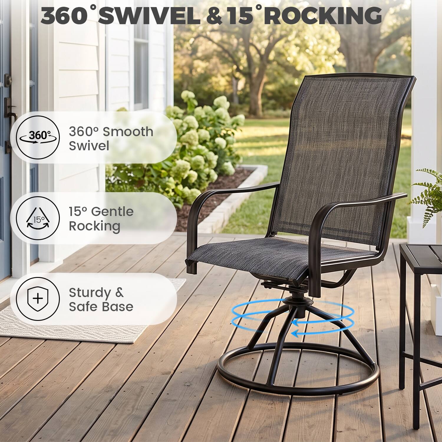 360° SWIVEL & 15° ROCKING

- 360° Smooth Swivel
- 15° Gentle Rocking
- Sturdy & Safe Base