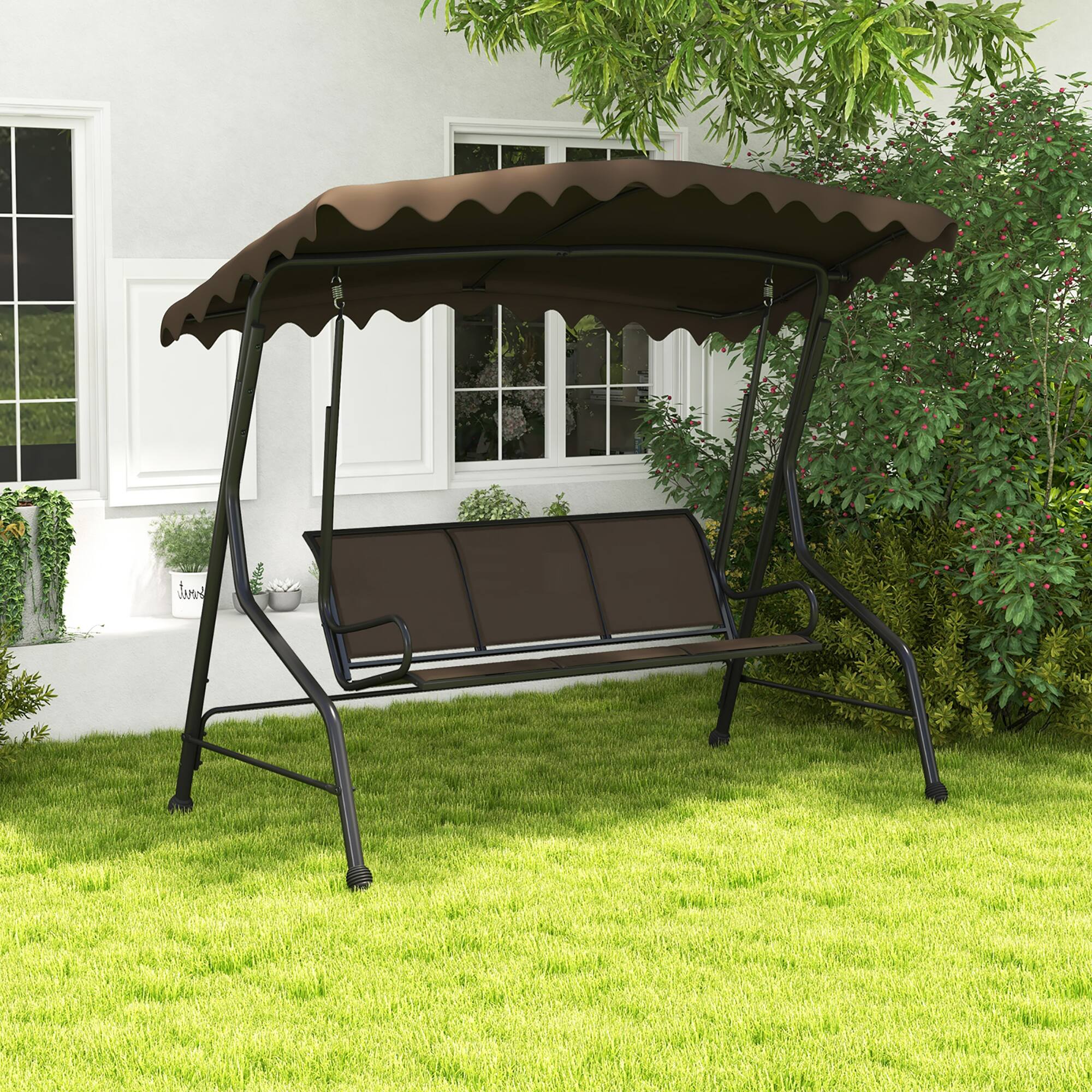 Alt View 3. Gymax - Gymax 3-Seat Outdoor Swing Porch Canopy Swing w/ Adjustable Shading Breathable Seat - Brown.