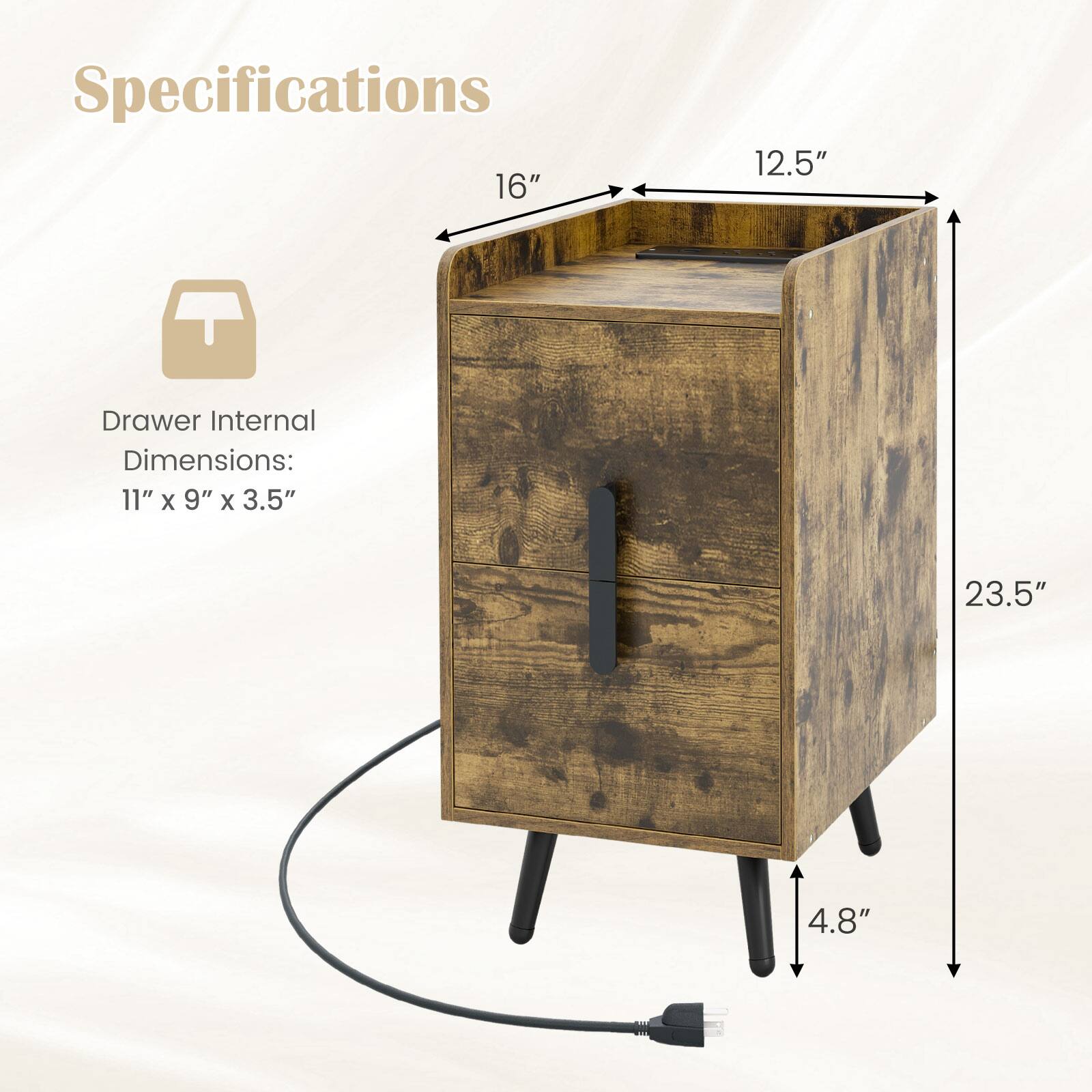 Specifications

16"  
12.5"  
Drawer Internal Dimensions: 11" x 9" x 3.5"  
23.5"  
4.8"