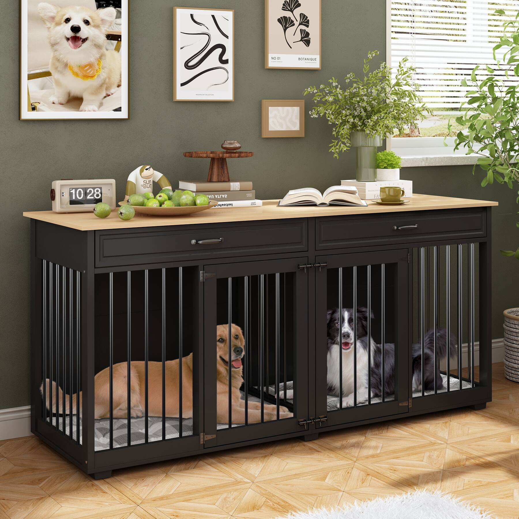 Alt View 4. FUFU & GAGA - Dual Compartment Dog Cage Furniture - Removable Divider & Hidden Storage Drawers.