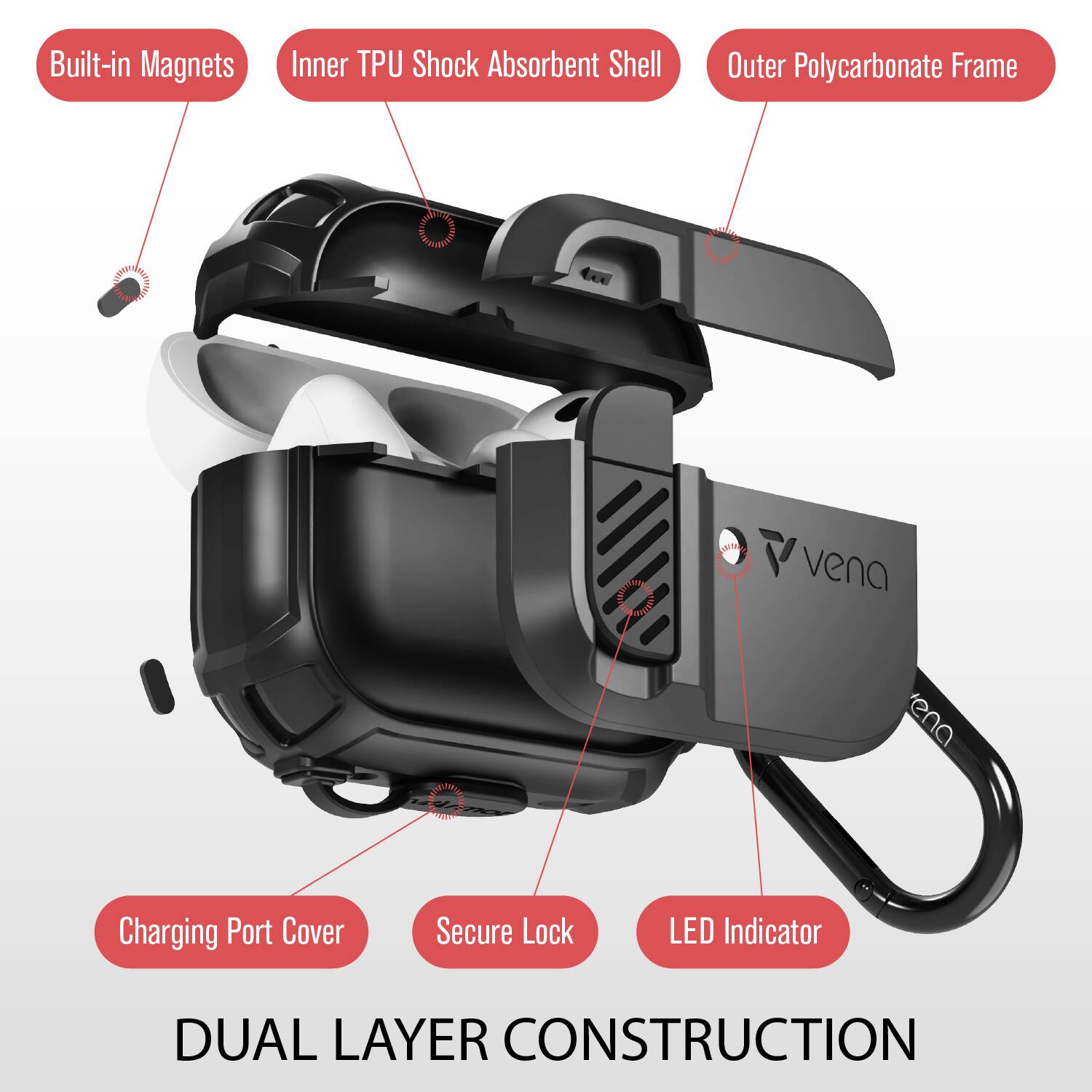 Built-in Magnets, Inner TPU Shock Absorbent Shell, Outer Polycarbonate Frame, Charging Port Cover, Secure Lock, LED Indicator, DUAL LAYER CONSTRUCTION