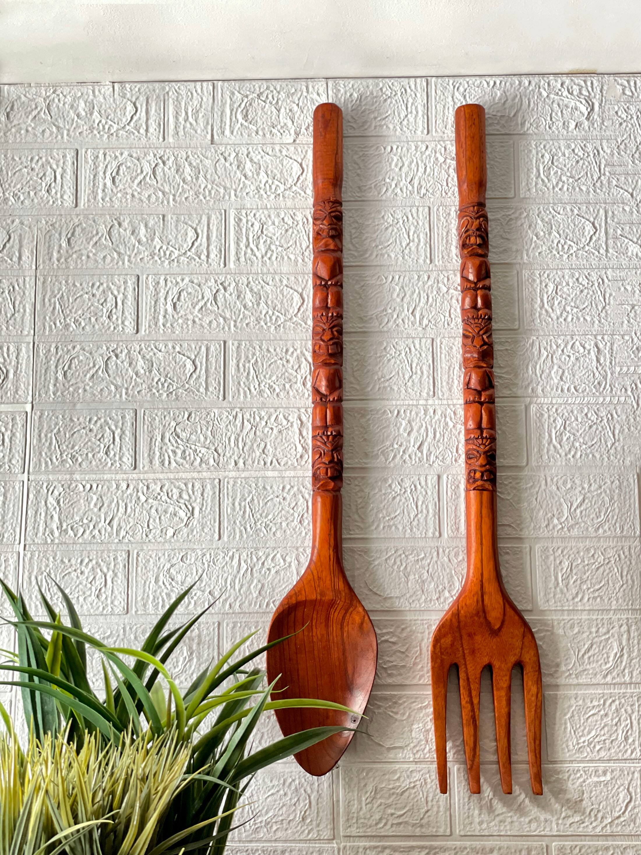 Alt View 3. Zeckos - 30 Inch Carved Tiki Spoon & Fork Wooden Wall Decor Art Utensil Decoration Set - Brown.