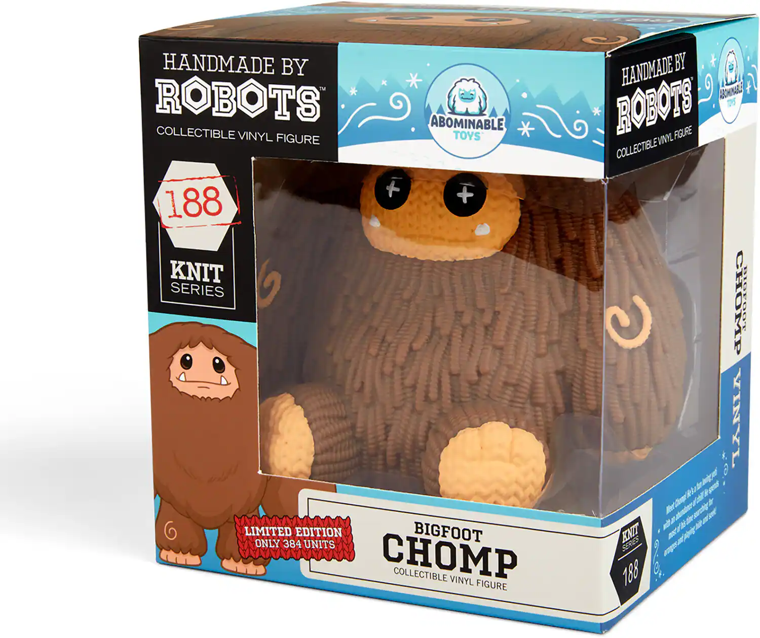 HANDMADE BY ROBOTS  
ABOMINABLE TOYS  
COLLECTIBLE VINYL FIGURE  
188 KNIT SERIES  
LIMITED EDITION  
ONLY 384 UNITS  
BIGFOOT CHOMP  
COLLECTIBLE VINYL FIGURE