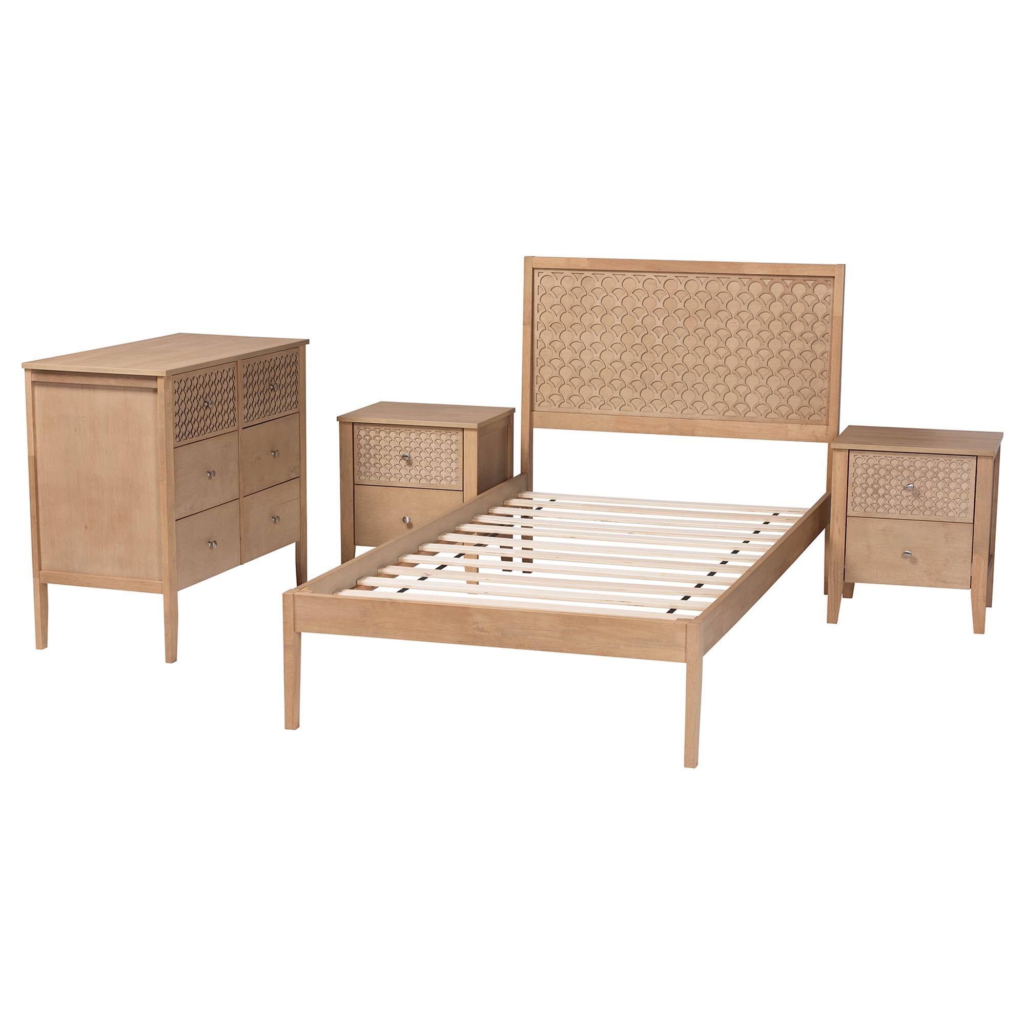Angle. Baxton Studio - Lara Twin 4-Piece Bedroom Set - Modern Wood Bed Frame with Matching Nightstands and Dresser - Oak Brown.