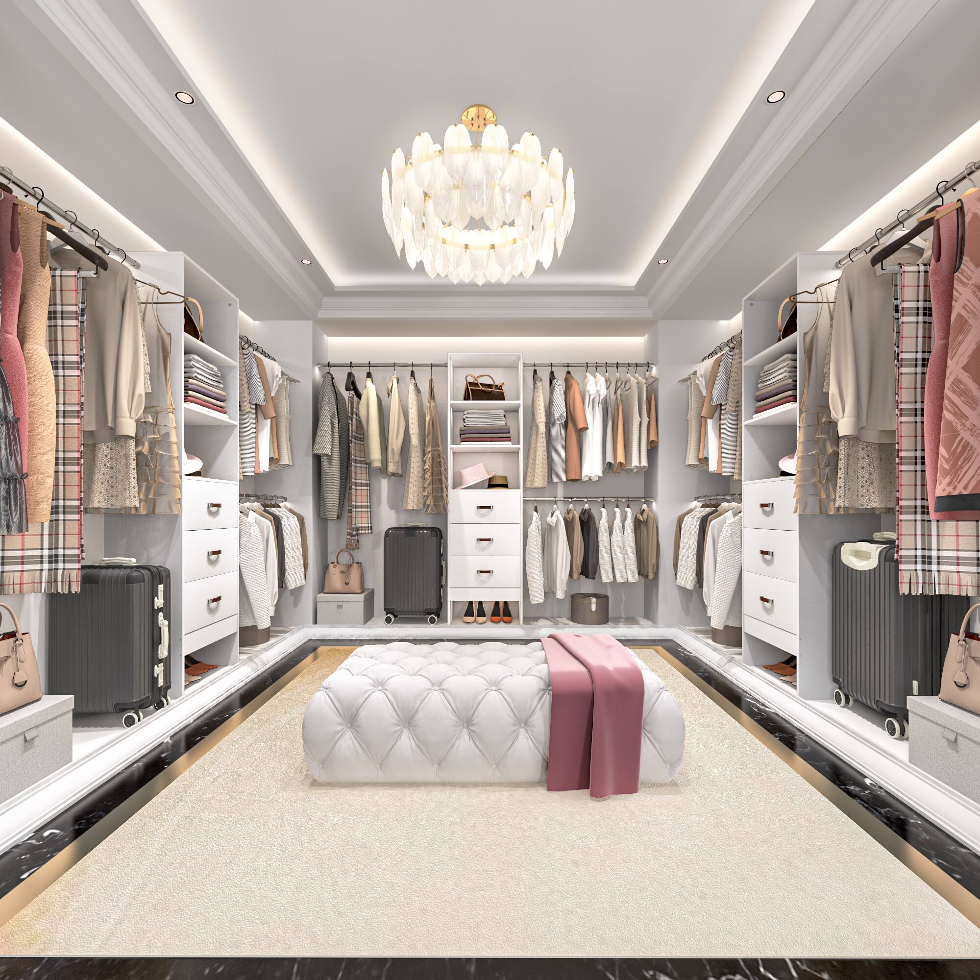 Angle. Aheaplus - 96-inch Closet System: 3 Hanging Rods & 3 Wooden Drawers, Adjustable for 5-8FT Walk-in Wardrobe - White.