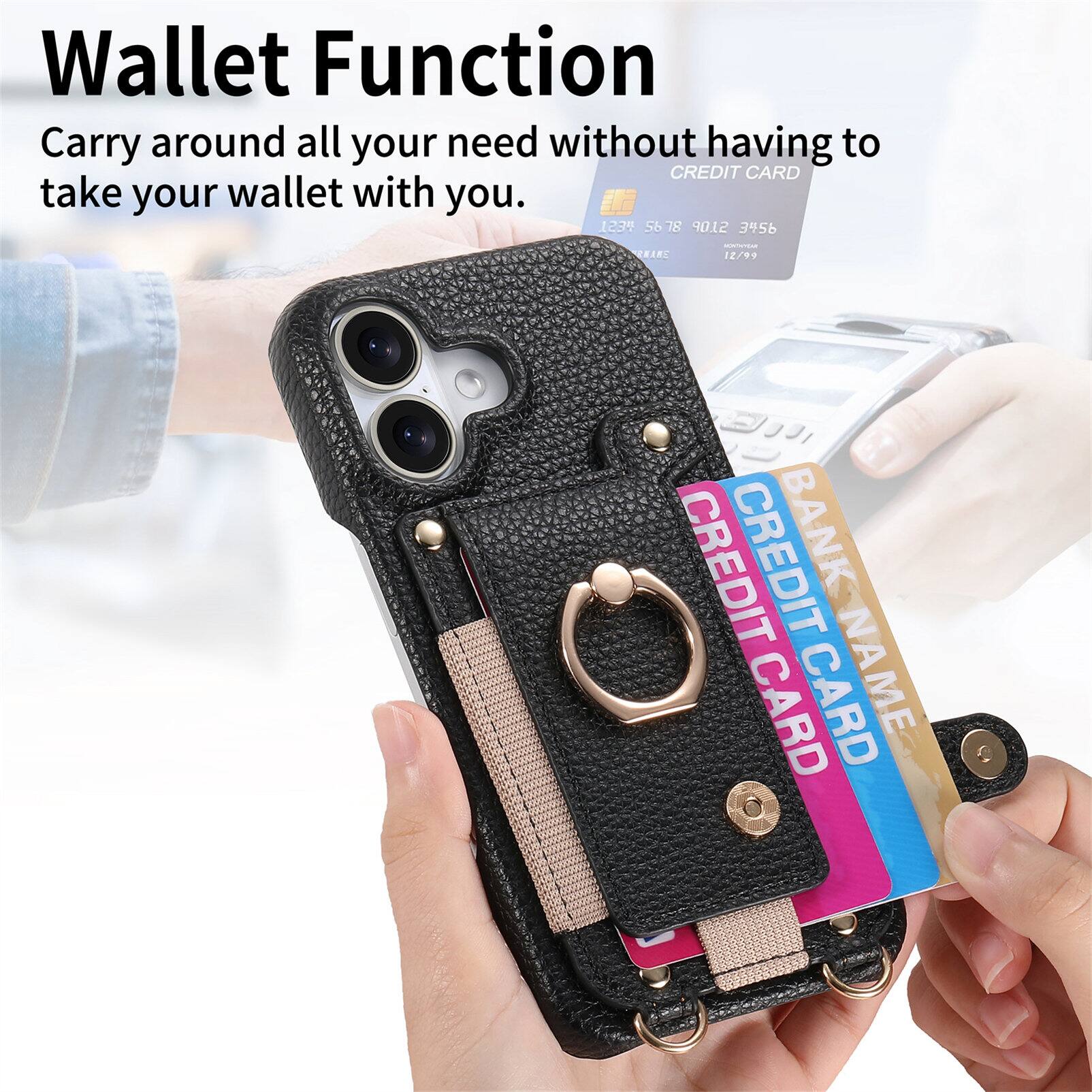 Wallet Function  
Carry around all your need without having to take your wallet with you.  

CREDIT CARD  
1234 5678 9012 3456  
12/99  

BANK NAME  
CREDIT CARD  
CREDIT CARD