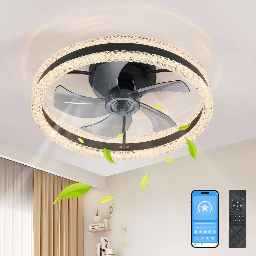 Alt View 5. Kadyn - 20" Luxury Double Ring LED Ceiling Fan with Light – Modern Flush Mount Design, Hidden Blades, Dimmable Lighting, Black - Black.