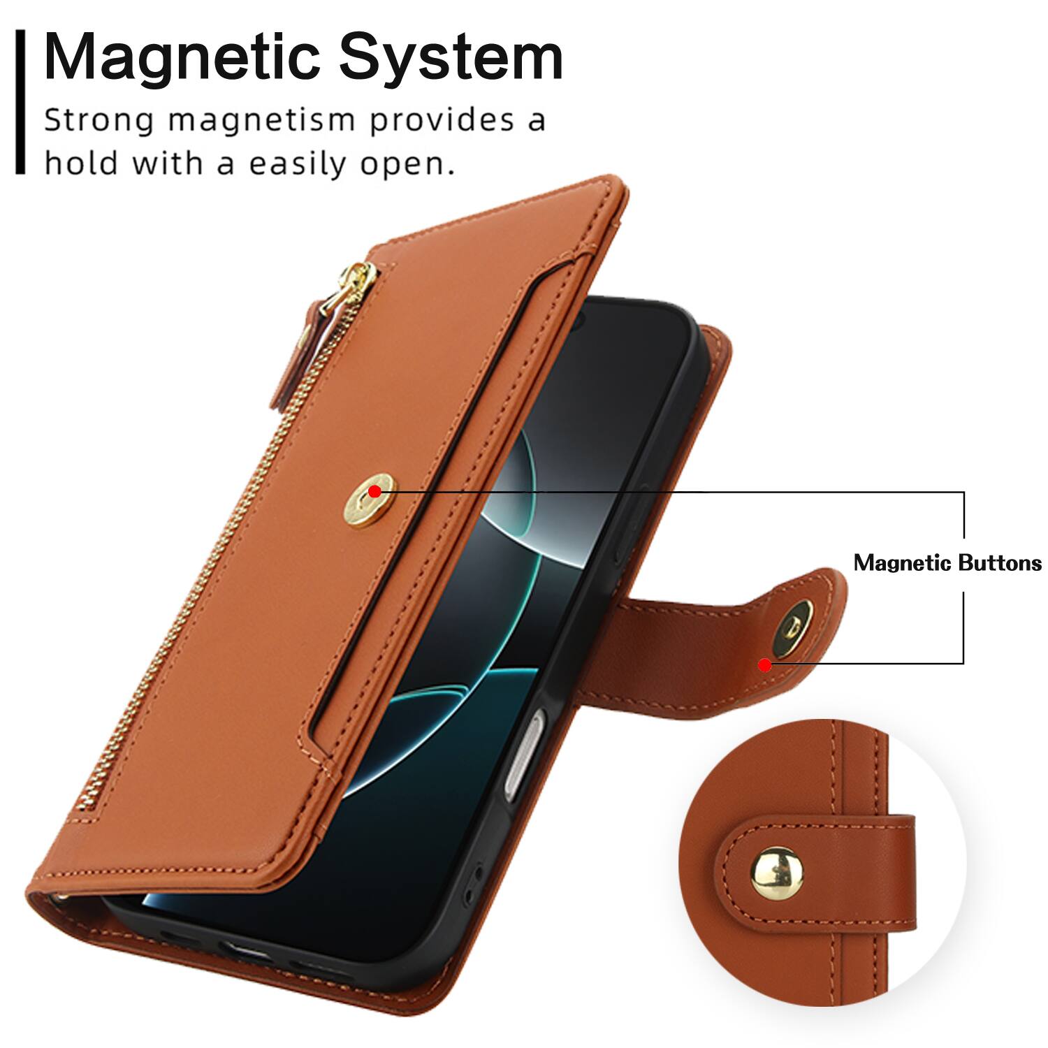 Magnetic System  
Strong magnetism provides a hold with a easily open.  
Magnetic Buttons