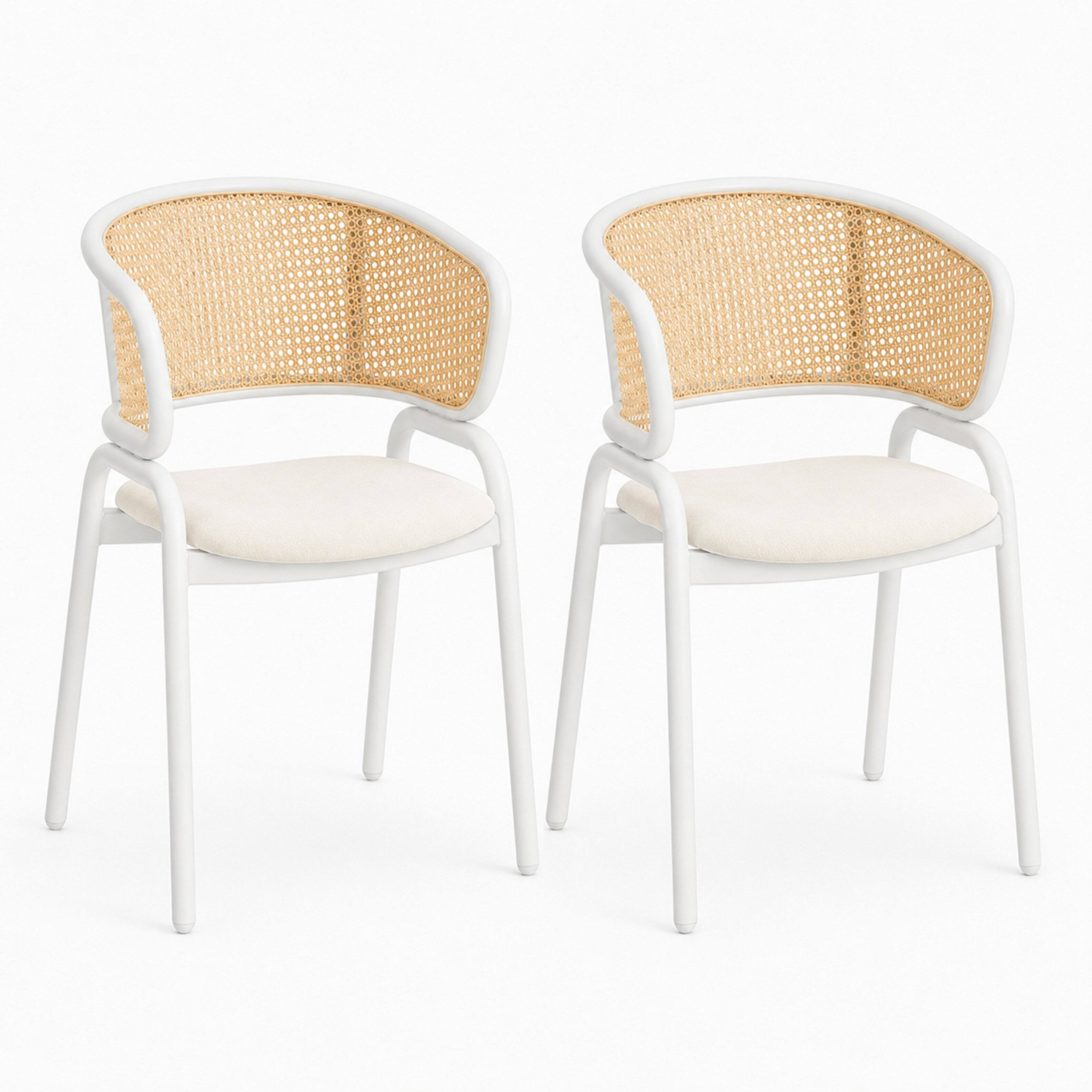 Front. LeisureMod - Ervilla 2-PCS Modern Velvet Upholstered Dining Chair - Rattan Back Kitchen Armchair with Metal Frame for Living - White.