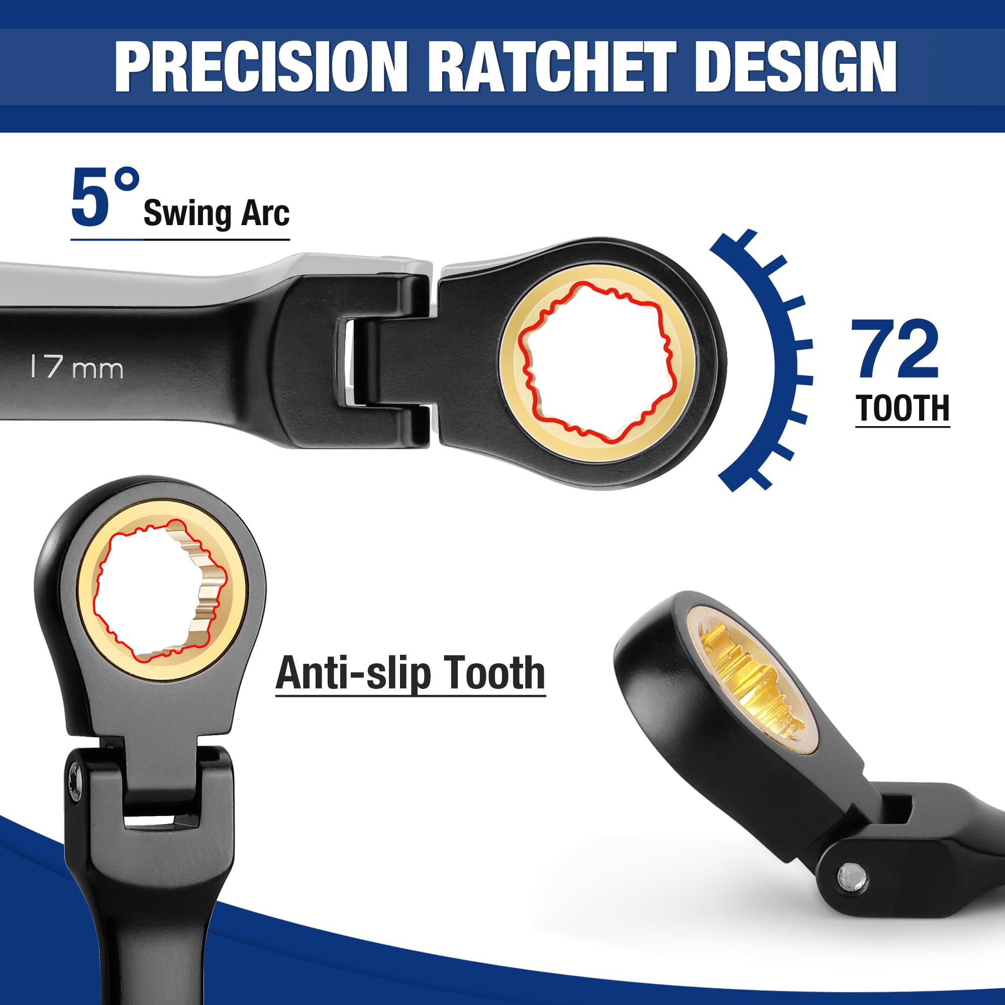 PRECISION RATCHET DESIGN

5° Swing Arc

17 mm

72 TOOTH

Anti-slip Tooth