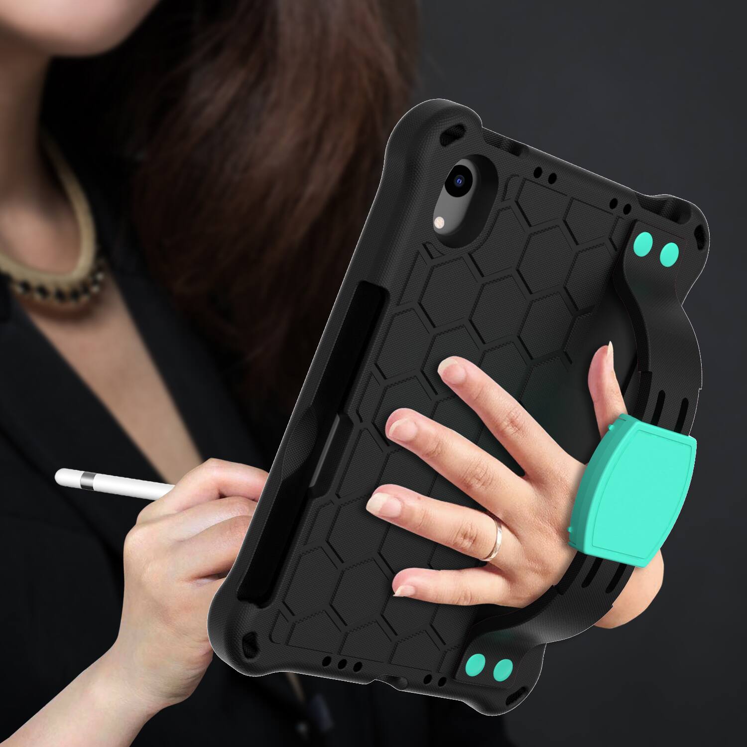 Back. UUCOVER - Kids Case for iPad mini A17 Pro 2024/iPad mini 6th Gen 8.3-inch 2021 Shockproof EVA+TPU Stand Cover with Shoulder Strap - Black + Mint.