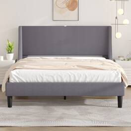 Vecelo - Upholstered Bed Frame with Headboard and Wingback, Queen Size Bed Frame, Platform Bed with USB, and Type-C Ports - Light Gray