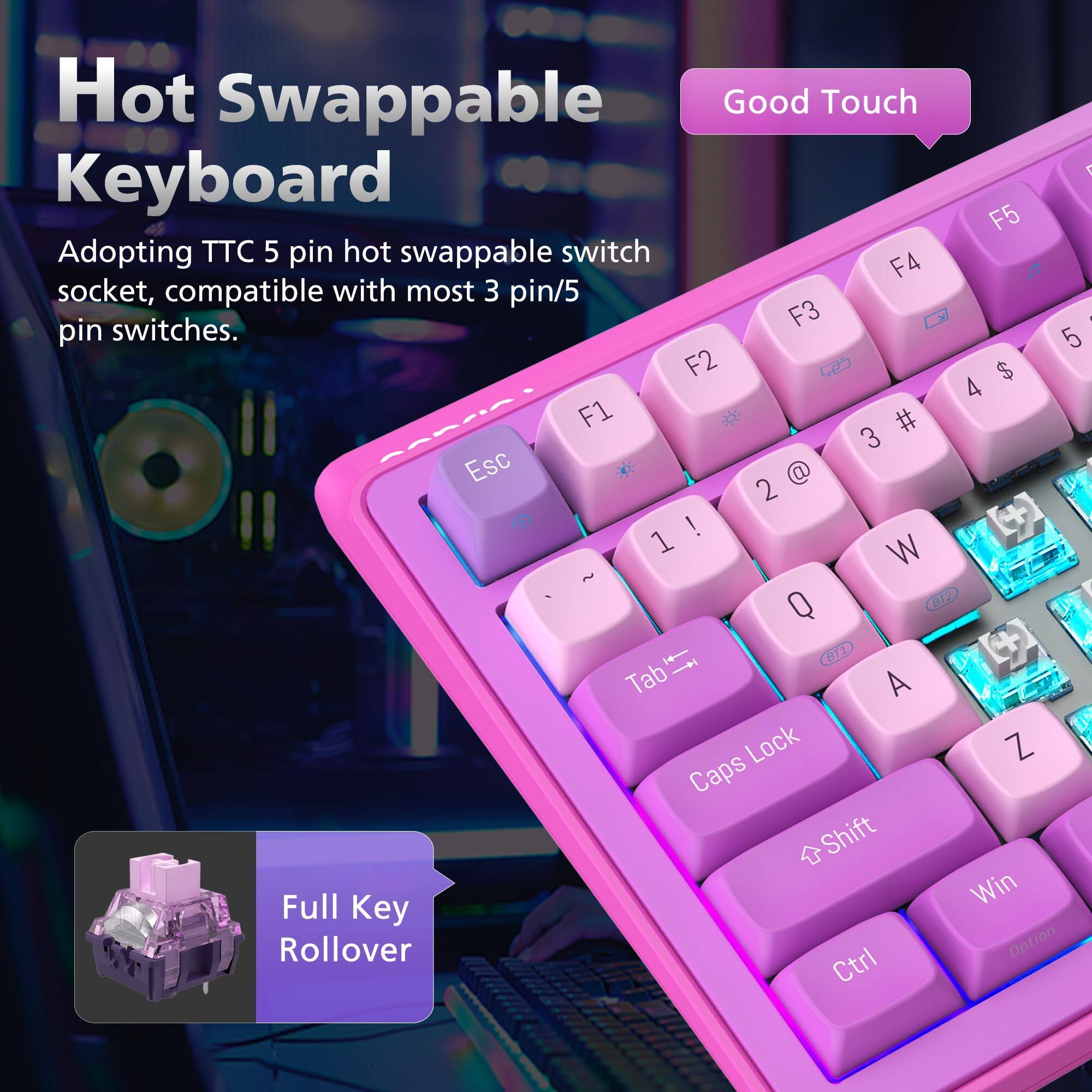 Hot Swappable Keyboard

Adopting TTC 5 pin hot swappable switch socket, compatible with most 3 pin/5 pin switches.

Good Touch

Full Key Rollover