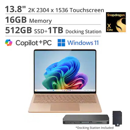 13.8" 2K 2304 x 1536 Touchscreen
16GB Memory
512GB SSD + 1TB
Snapdragon X Elite
Copilot+PC
Windows 11
Docking Station Included