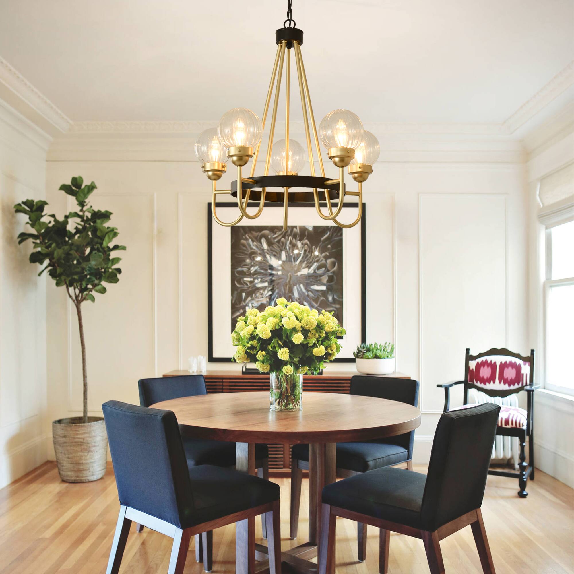 Left. RYHNUYNE - 5 Light Modern Chandelier, 23.22" Gold and Black Metal Pendant Light with Ribbed Glass Globes Adjustable Height.