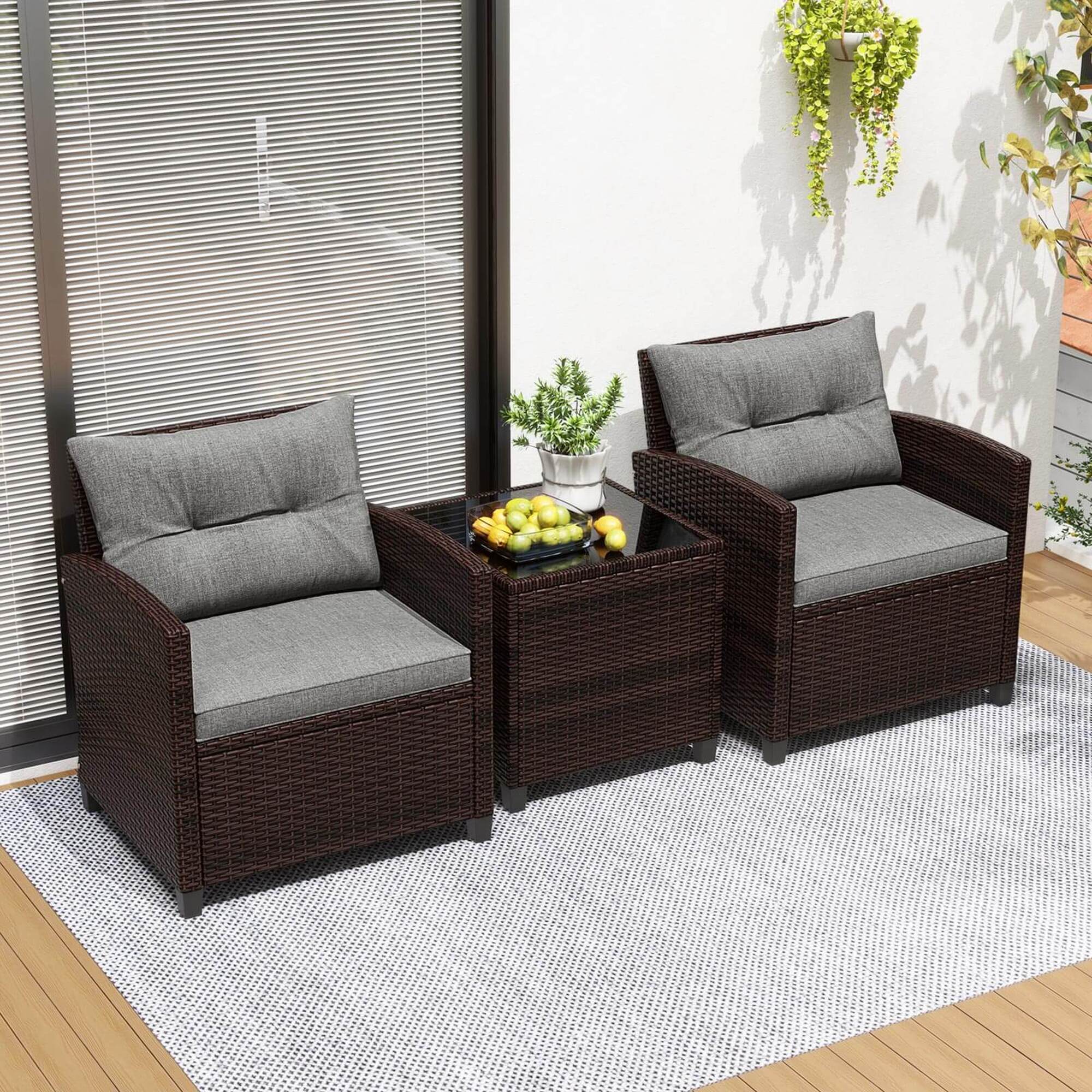 Alt View 1. Costway - 3 PCS Patio Rattan Furniture Set Cushioned Conversation Set Sofa - Gray.