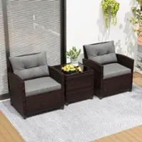 Costway 3 PCS Patio Rattan Furniture Set Cushioned Conversation Set Sofa - Gray - Front_Zoom