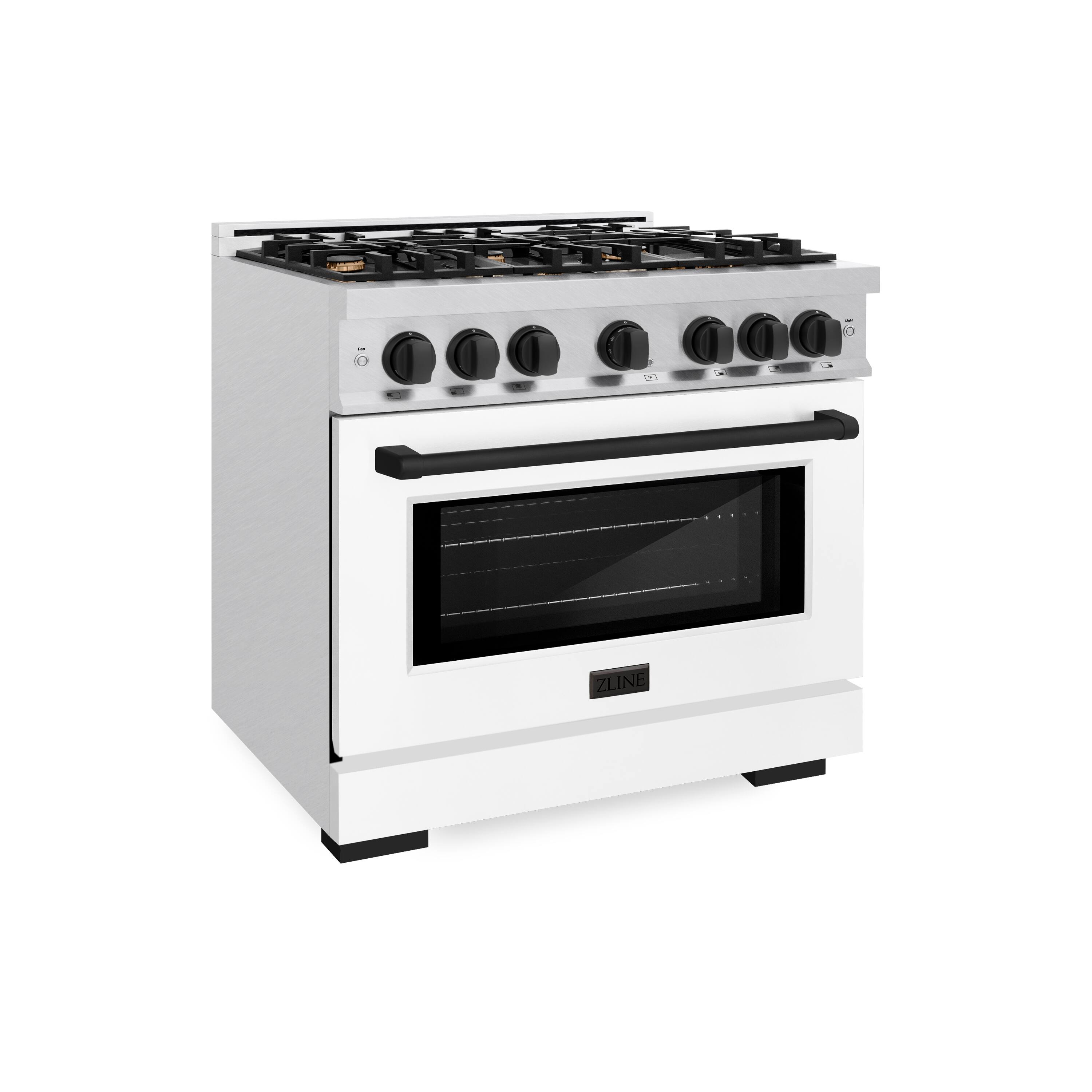 Angle. ZLINE - ZLINE Autograph 36 in. Freestanding Select Satin Steel Gas Range w/ White Door & Black Accents - Satin Stainless Steel.