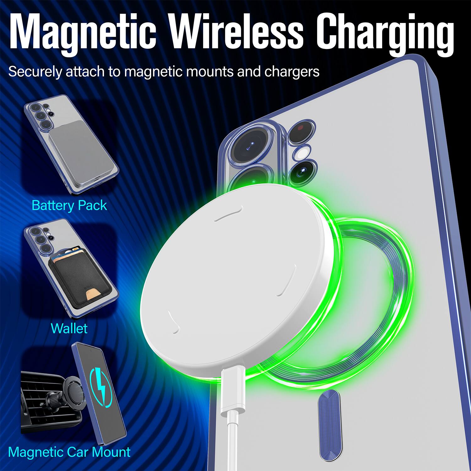 Magnetic Wireless Charging  
Securely attach to magnetic mounts and chargers  

Battery Pack  
Wallet  
Magnetic Car Mount
