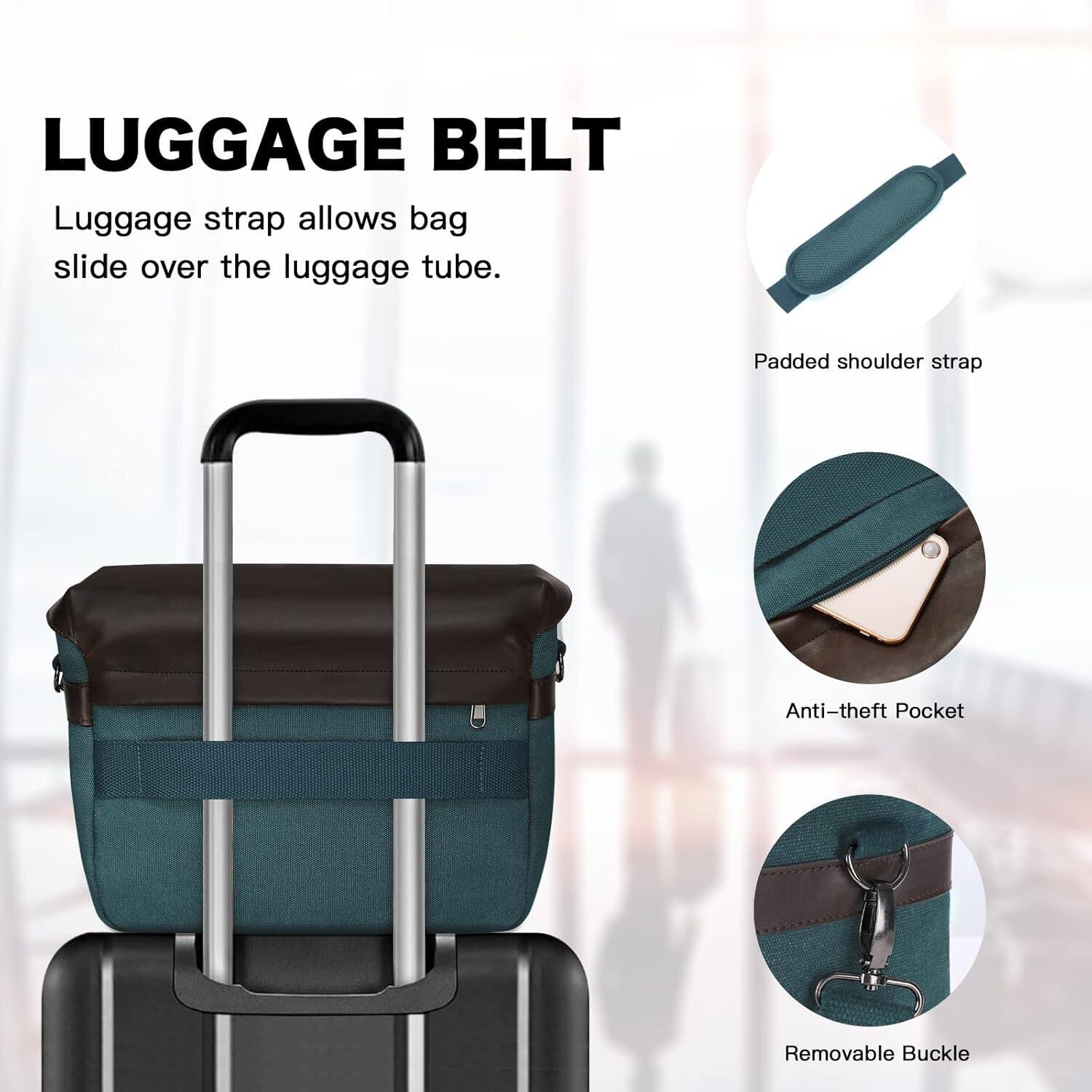 LUGGAGE BELT

Luggage strap allows bag slide over the luggage tube.

Padded shoulder strap

Anti-theft Pocket

Removable Buckle