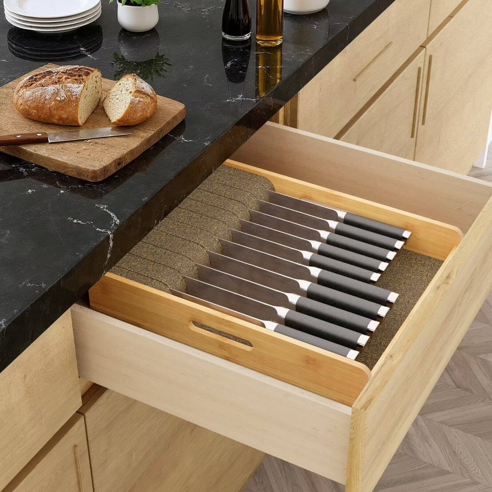Angle. Tooloton - Bamboo Drawer Organizer Tray, Knife Holder Insert for Kitchen Flatware Storage (Large, Natural) - Natural.