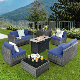 Gymax - 9 PCS Patio Rattan Furniture Set Fire Pit Table Storage Black W/ Cover - Navy